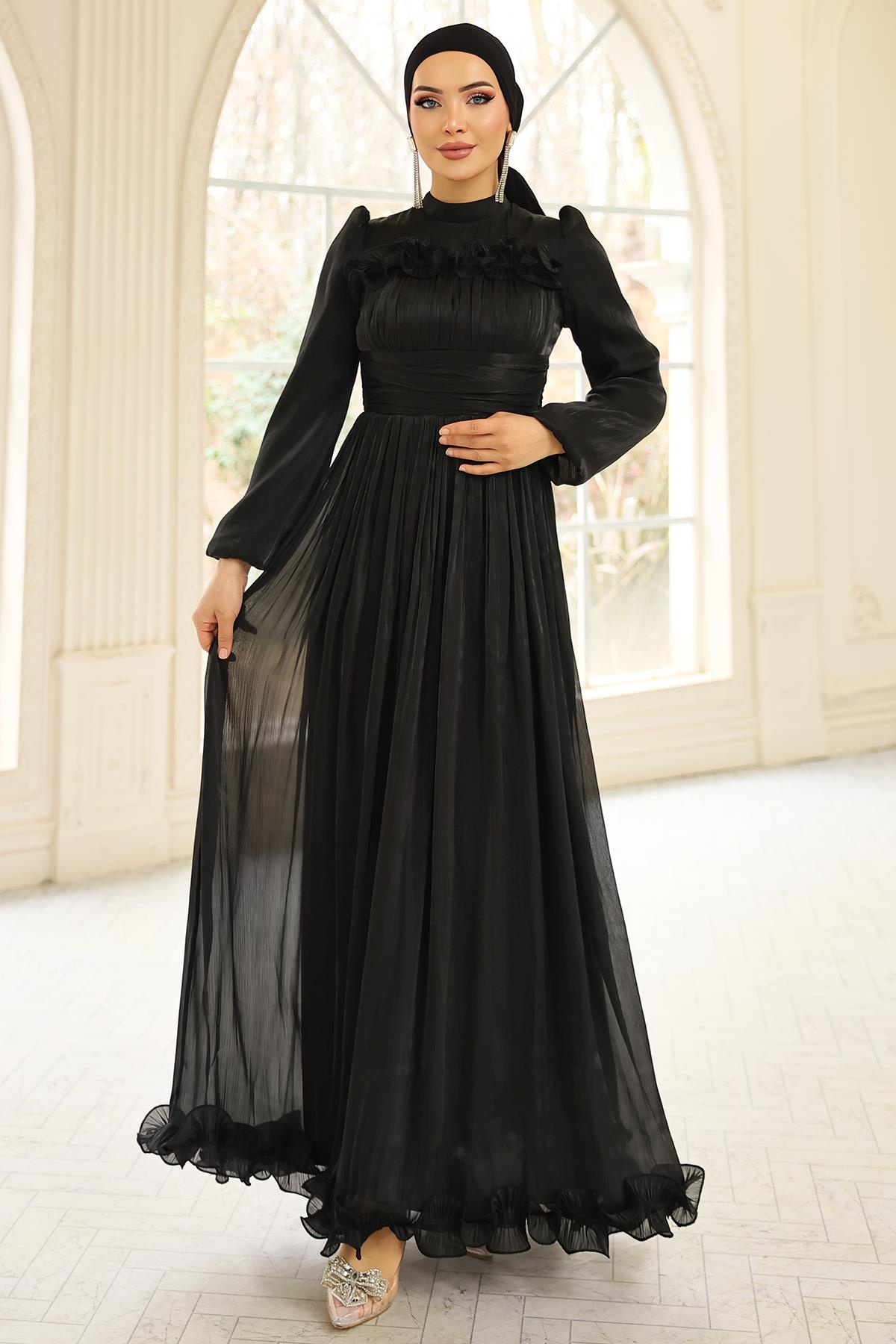 Fırfır ve Pilise Detaylı Yoryo İpek Tesettür Abiye Elbise SİYAH 1250