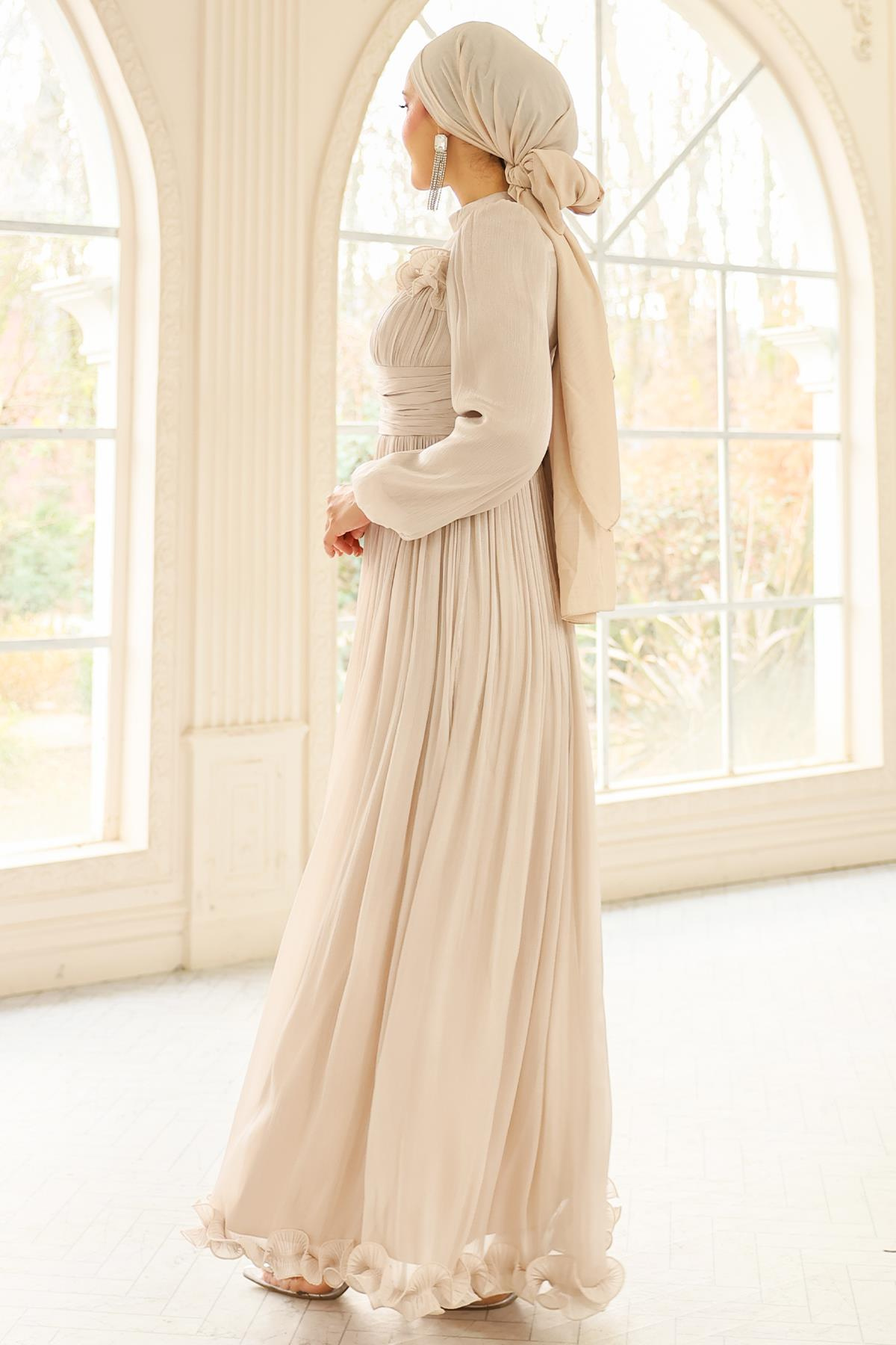 Fırfır ve Pilise Detaylı Yoryo İpek Tesettür Abiye Elbise TAŞ 1250