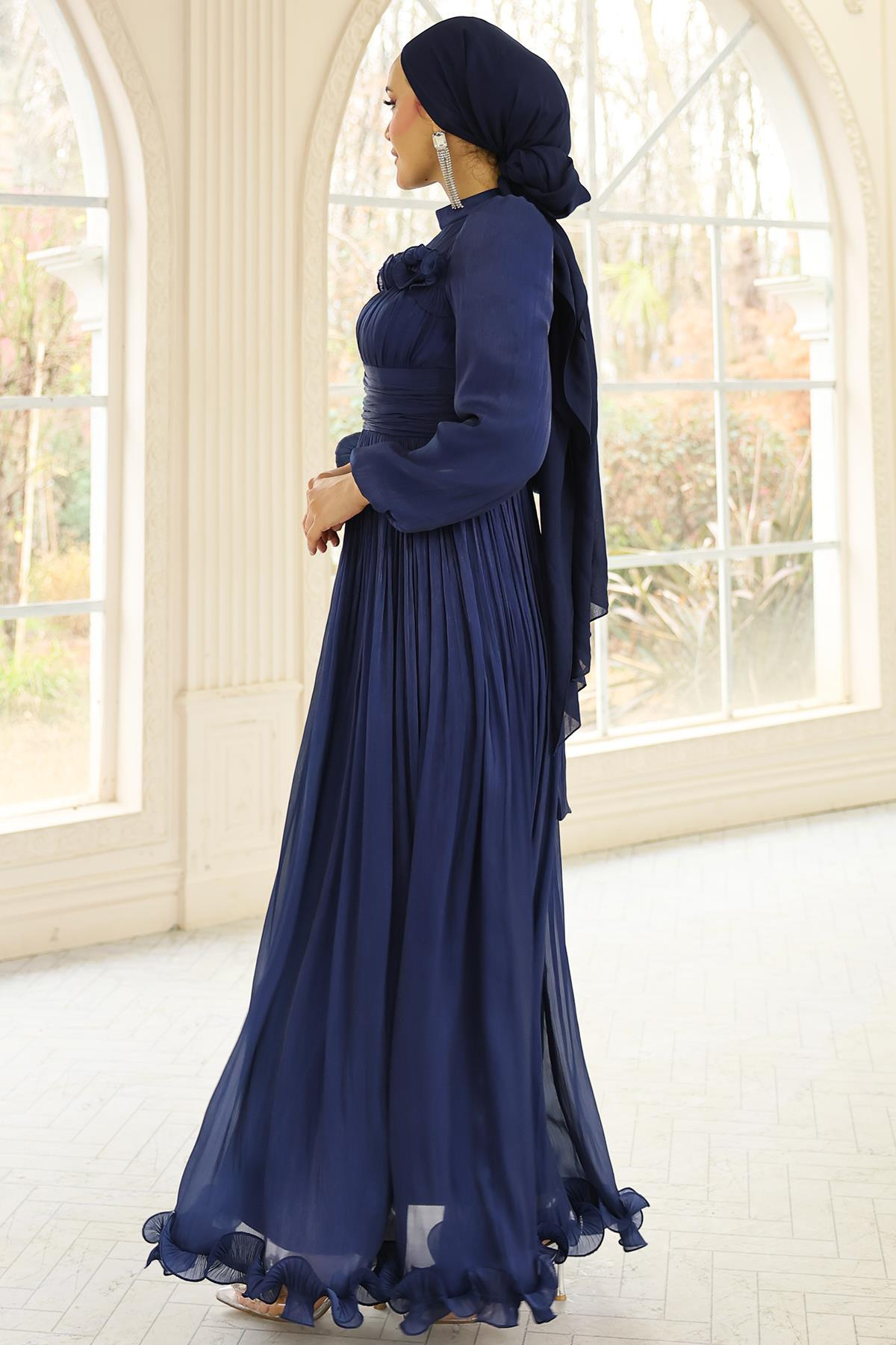 Fırfır ve Pilise Detaylı Yoryo İpek Tesettür Abiye Elbise K. İNDİGO 1250
