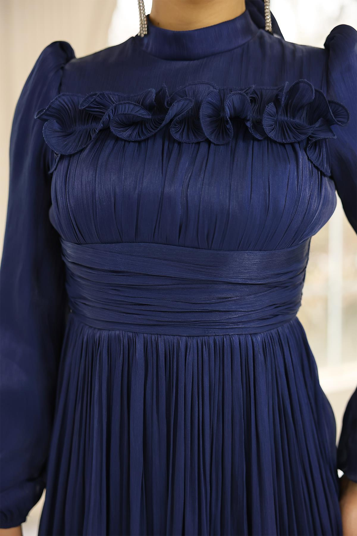 Fırfır ve Pilise Detaylı Yoryo İpek Tesettür Abiye Elbise K. İNDİGO 1250