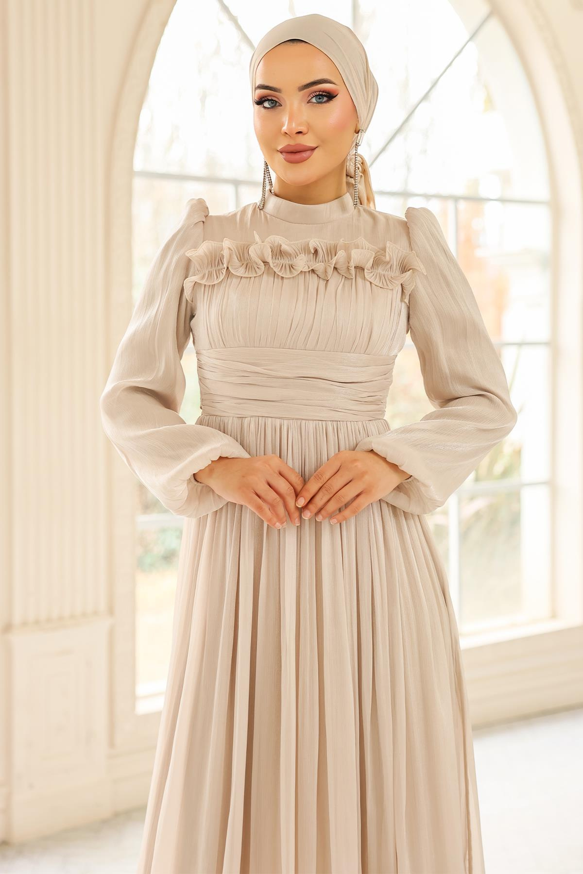 Fırfır ve Pilise Detaylı Yoryo İpek Tesettür Abiye Elbise TAŞ 1250