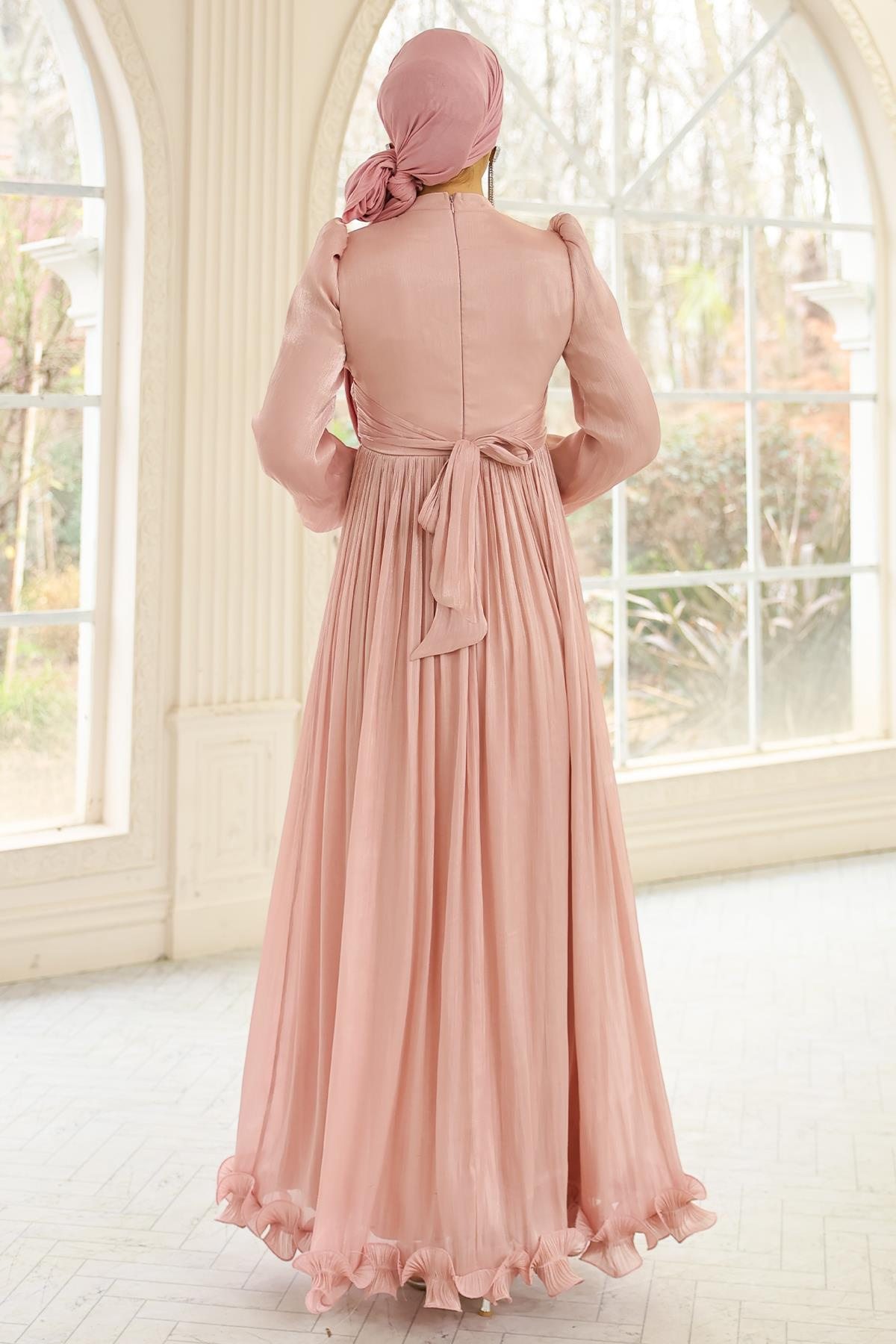 Fırfır ve Pilise Detaylı Yoryo İpek Tesettür Abiye Elbise PUDRA 1250