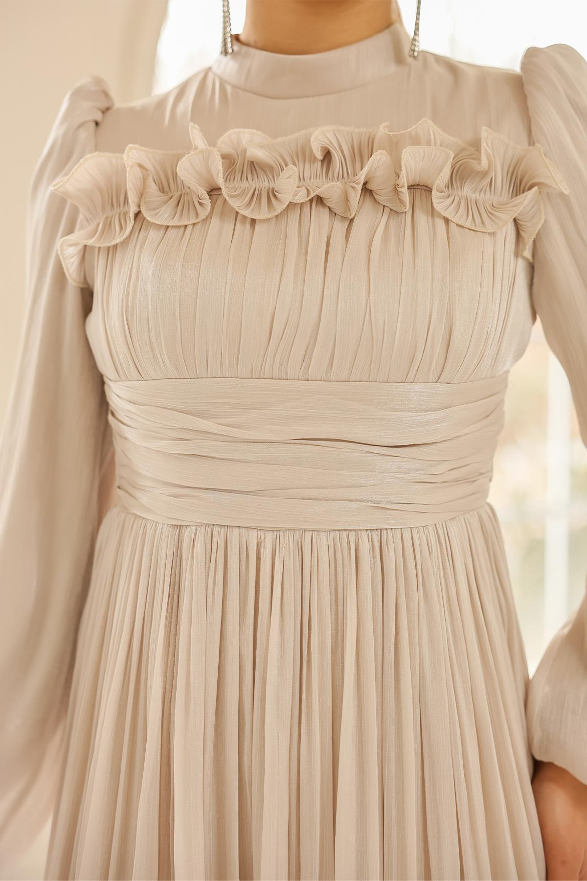 Fırfır ve Pilise Detaylı Yoryo İpek Tesettür Abiye Elbise TAŞ 1250