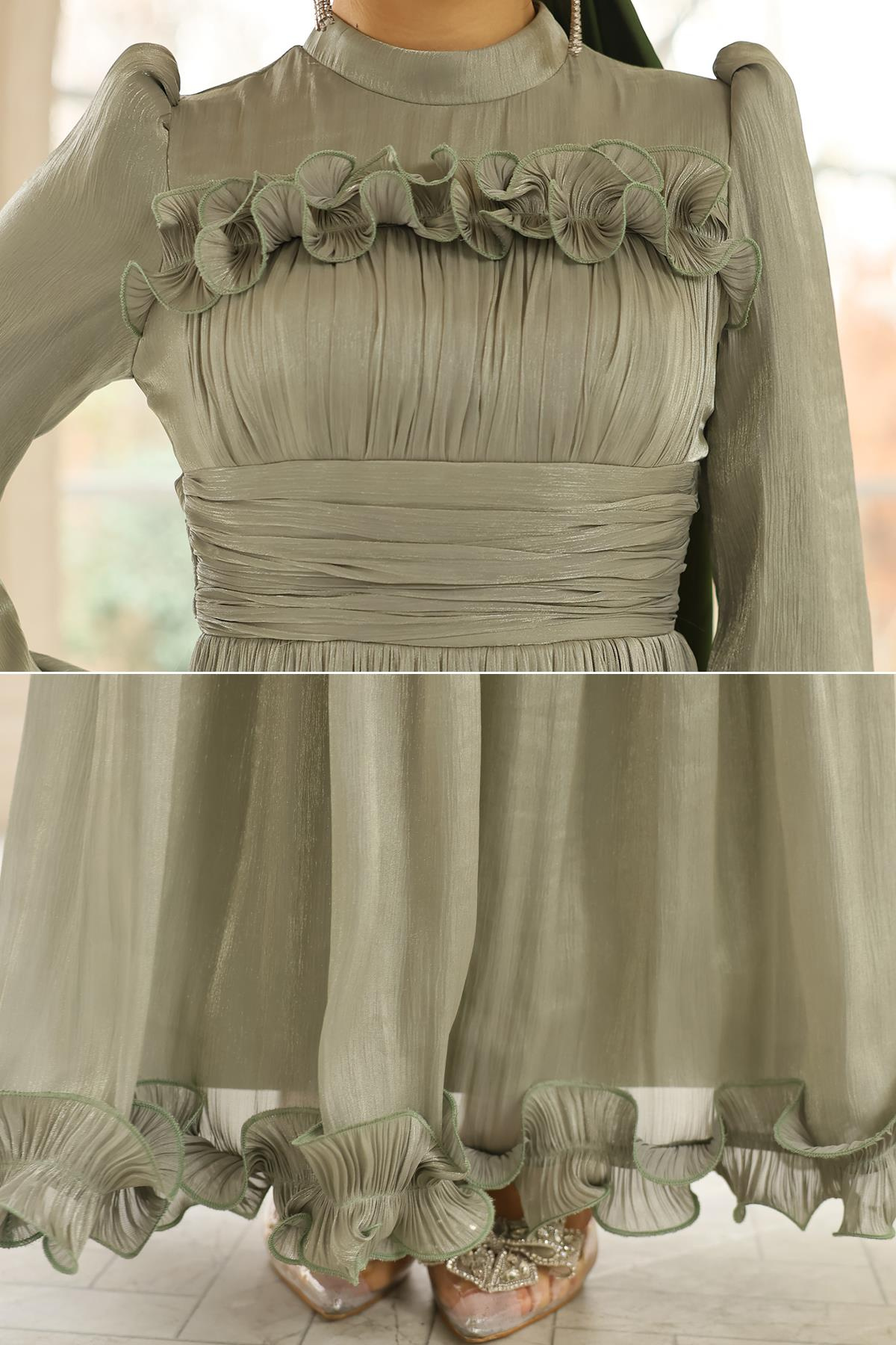 Fırfır ve Pilise Detaylı Yoryo İpek Tesettür Abiye Elbise AÇIK YEŞİL 1250