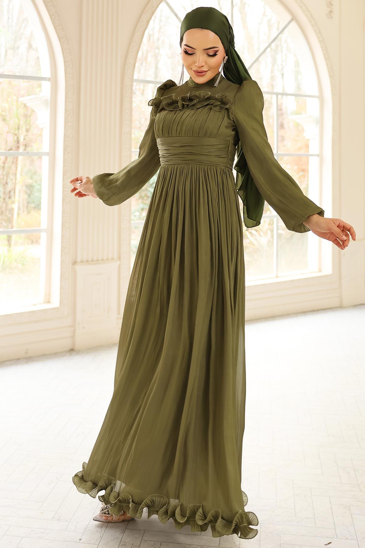 Fırfır ve Pilise Detaylı Yoryo İpek Tesettür Abiye Elbise YEŞİL 1250