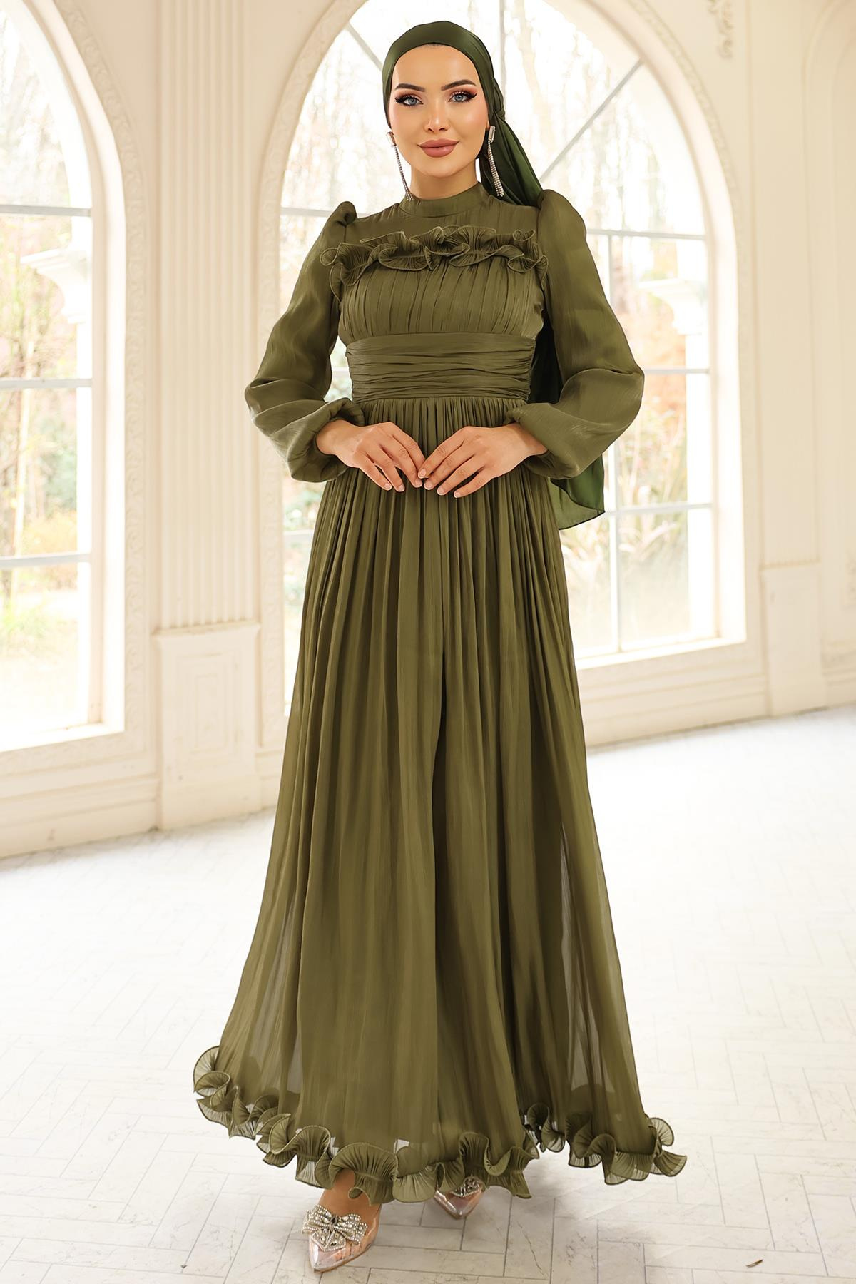 Fırfır ve Pilise Detaylı Yoryo İpek Tesettür Abiye Elbise YEŞİL 1250