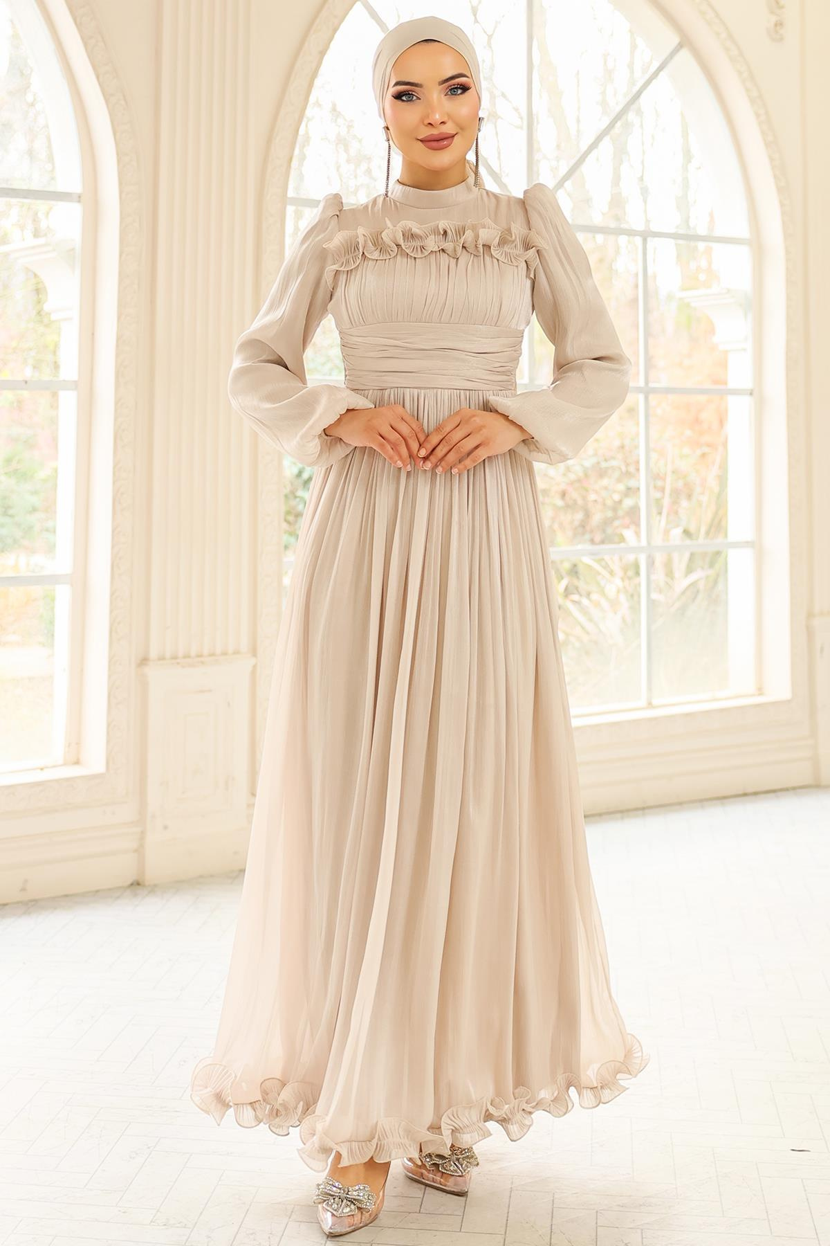 Fırfır ve Pilise Detaylı Yoryo İpek Tesettür Abiye Elbise TAŞ 1250