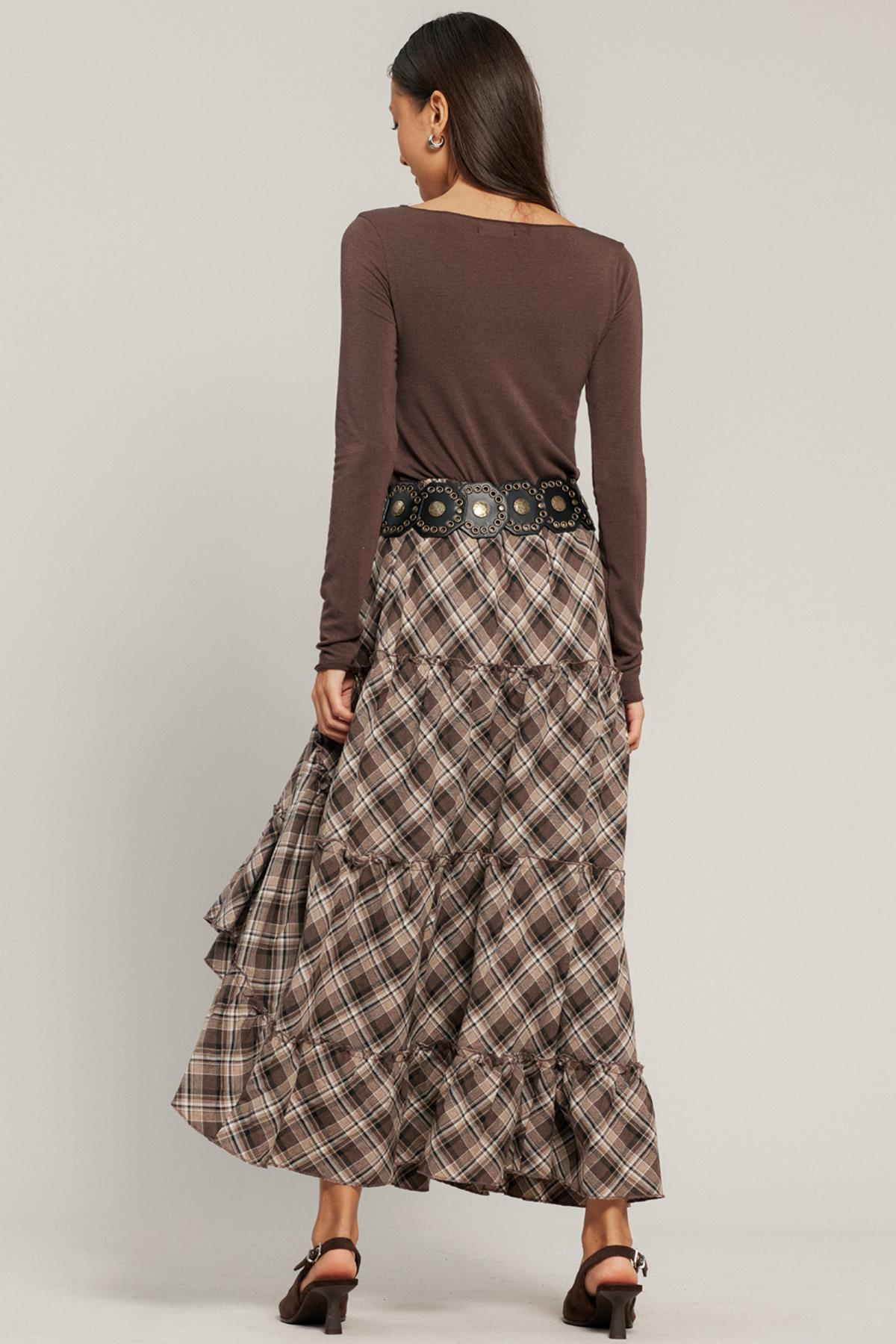 Fırfırlı Volanlı Ekose Etek A.KAHVE 7067