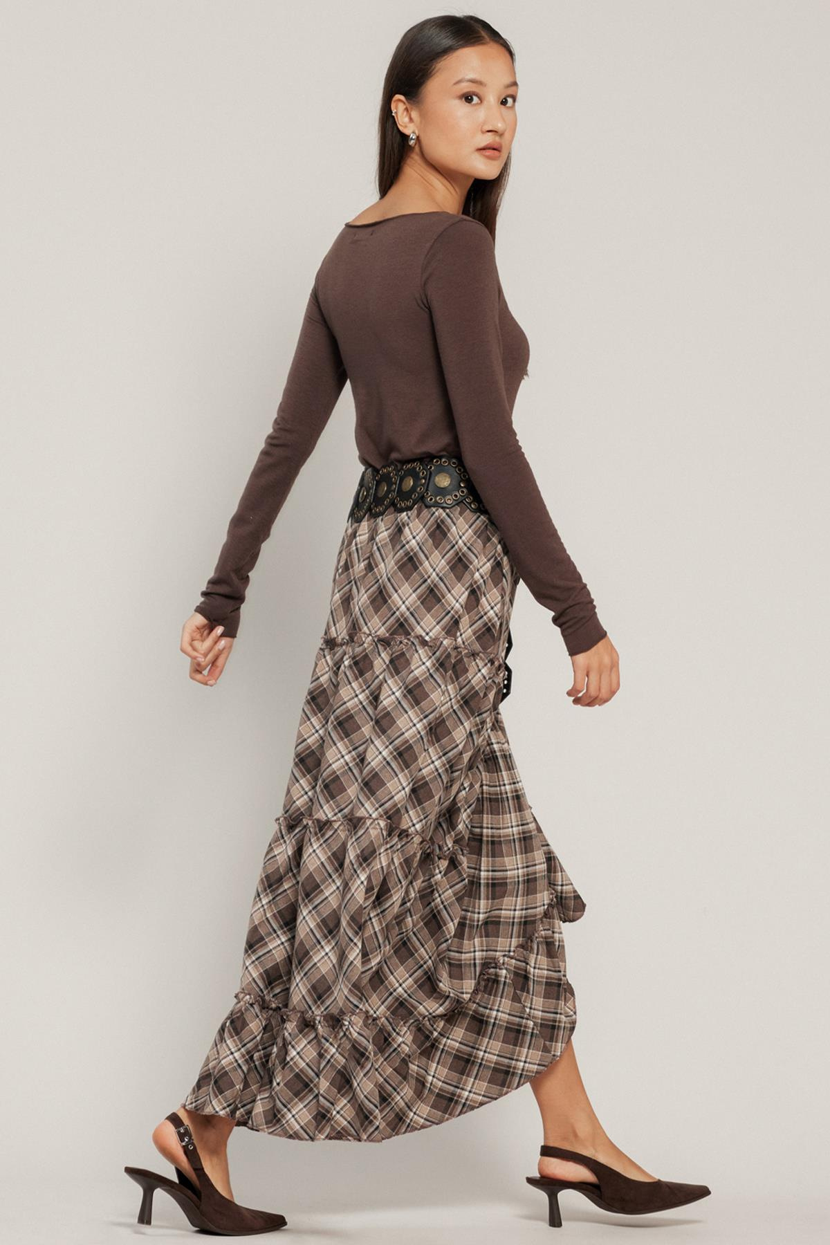 Fırfırlı Volanlı Ekose Etek A.KAHVE 7067