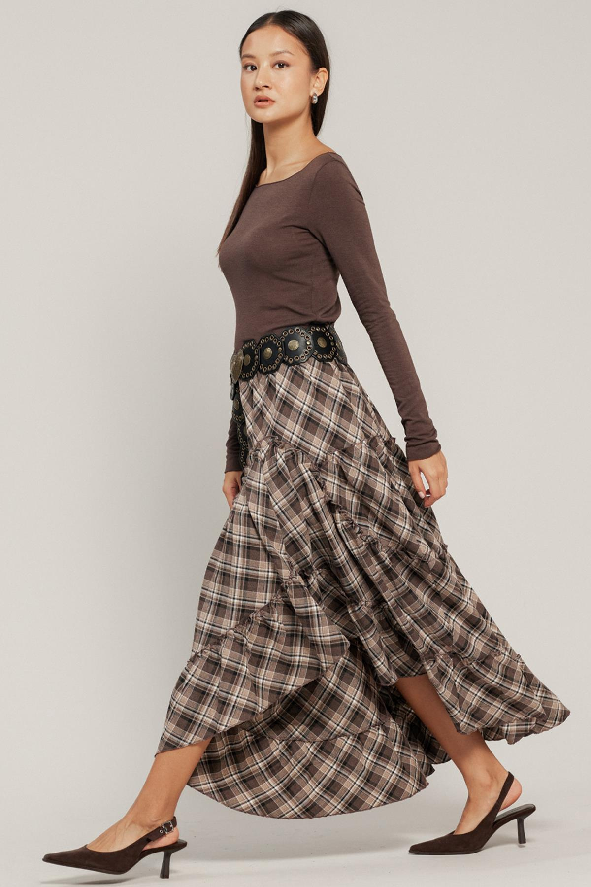 Fırfırlı Volanlı Ekose Etek A.KAHVE 7067