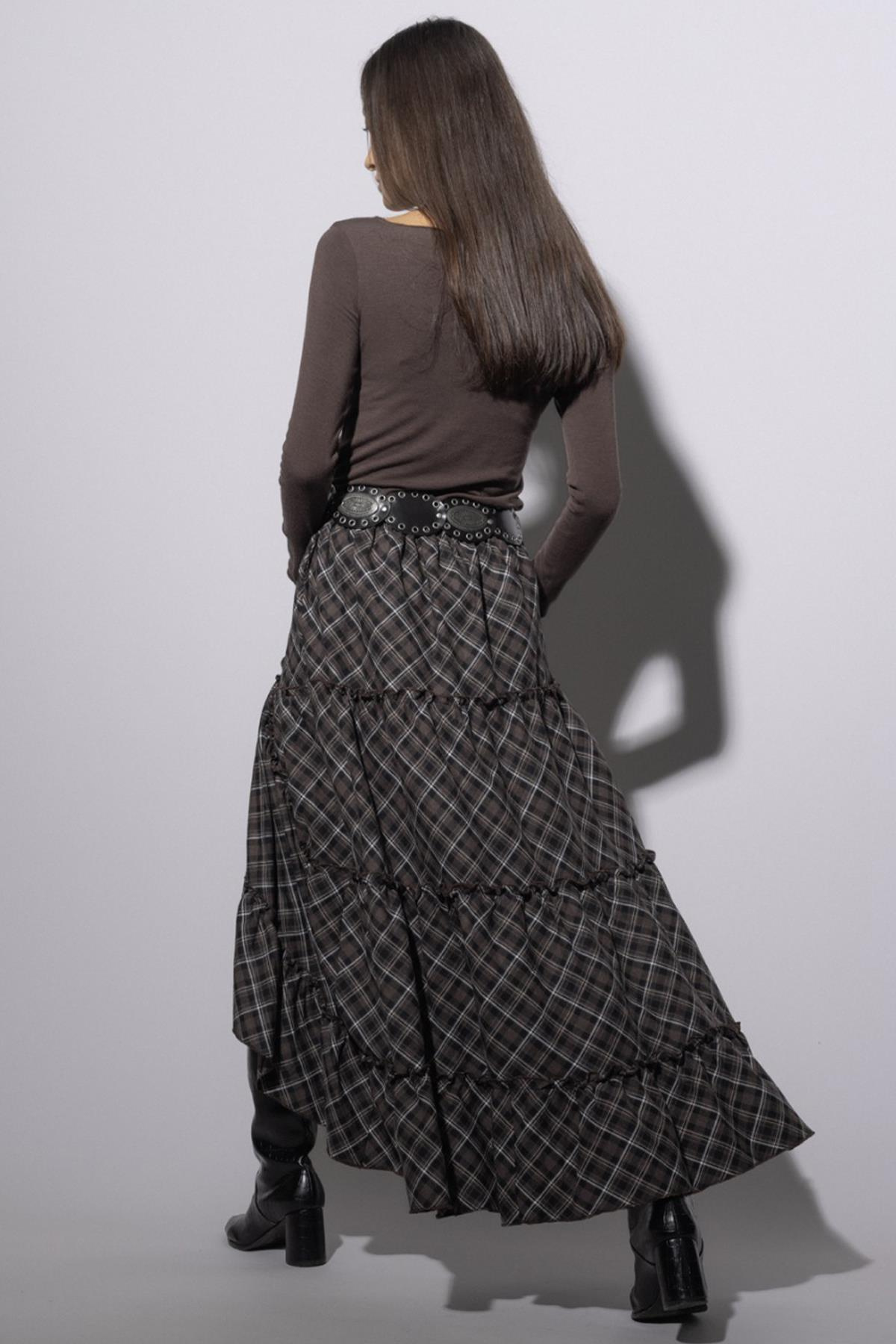 Fırfırlı Volanlı Ekose Etek KAHVE 7067