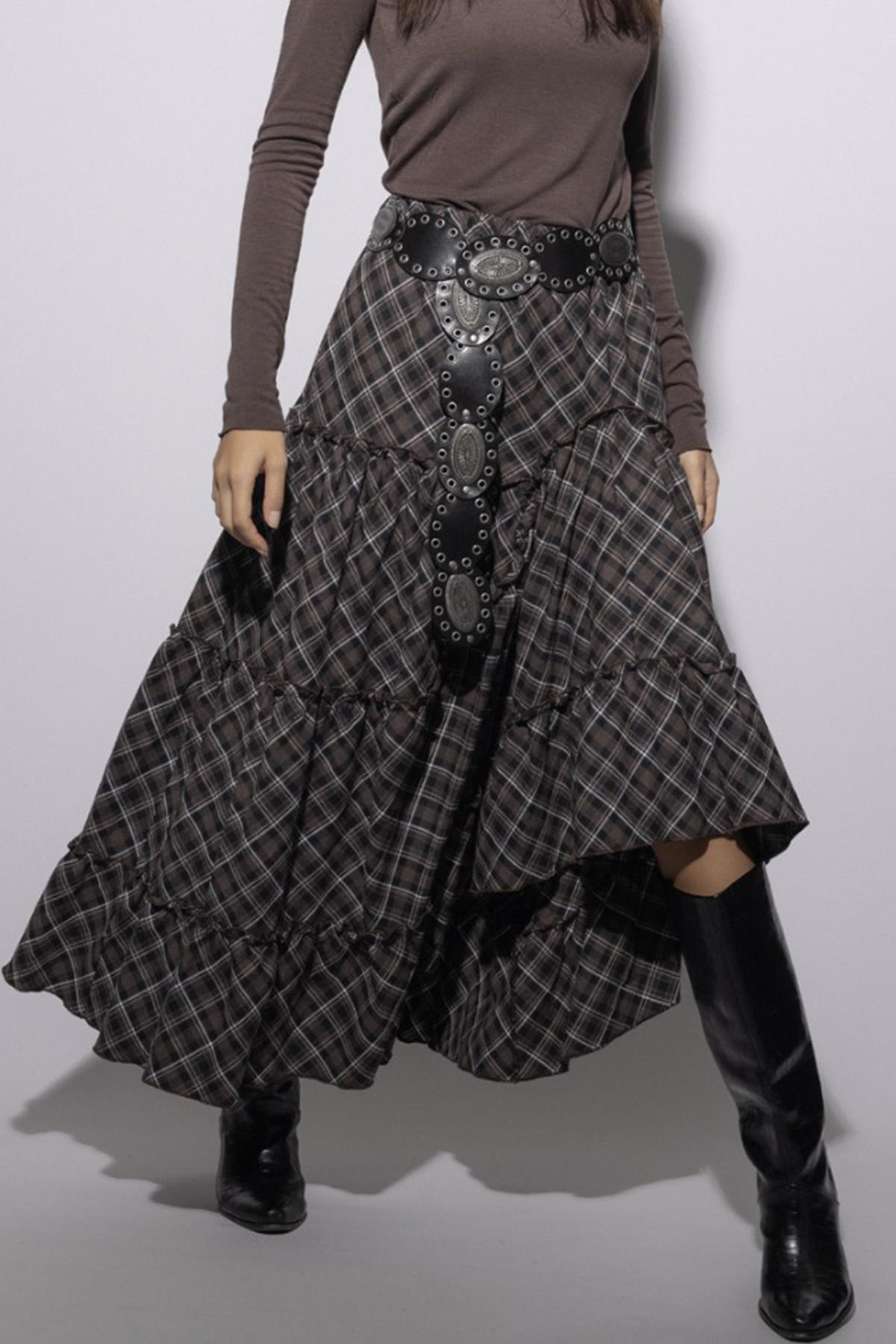 Fırfırlı Volanlı Ekose Etek KAHVE 7067