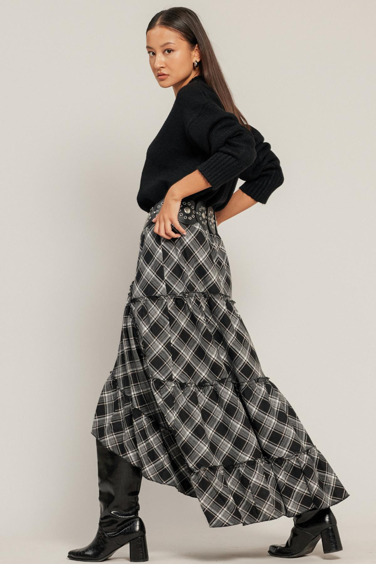 Fırfırlı Volanlı Ekose Etek SİYAH 7067