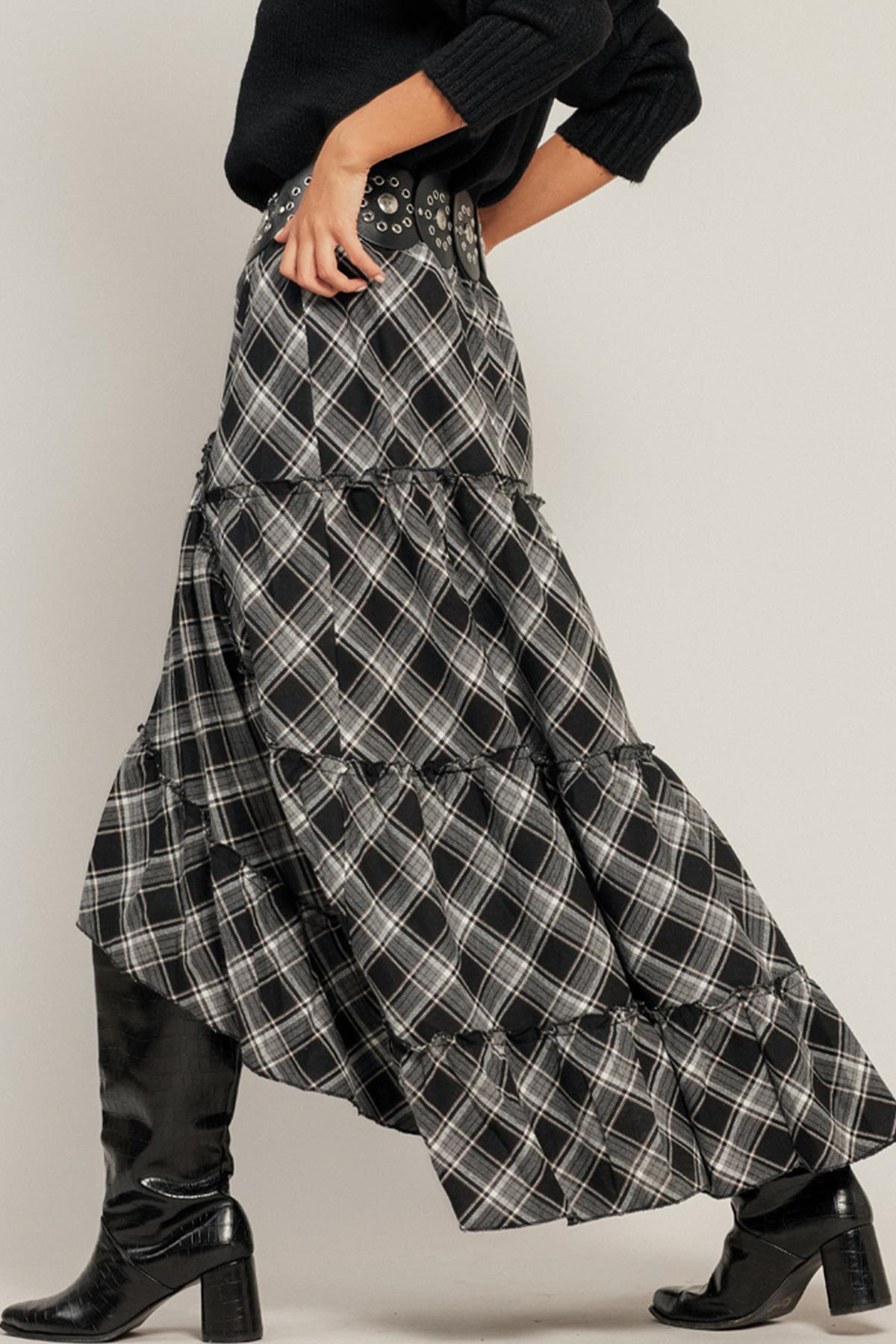 Fırfırlı Volanlı Ekose Etek SİYAH 7067