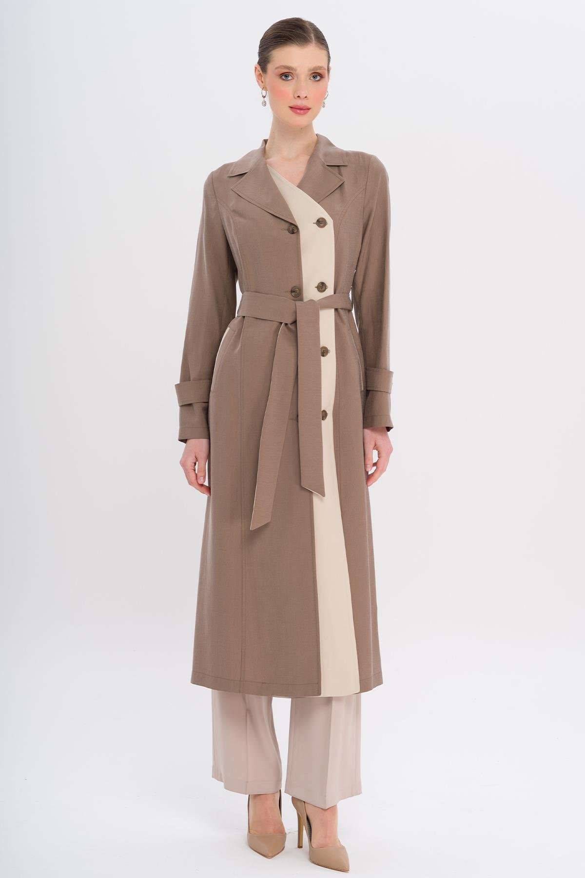 Garni Detailed Double-Breasted Unlined Modal Trench Coat A.COFFEE 6734