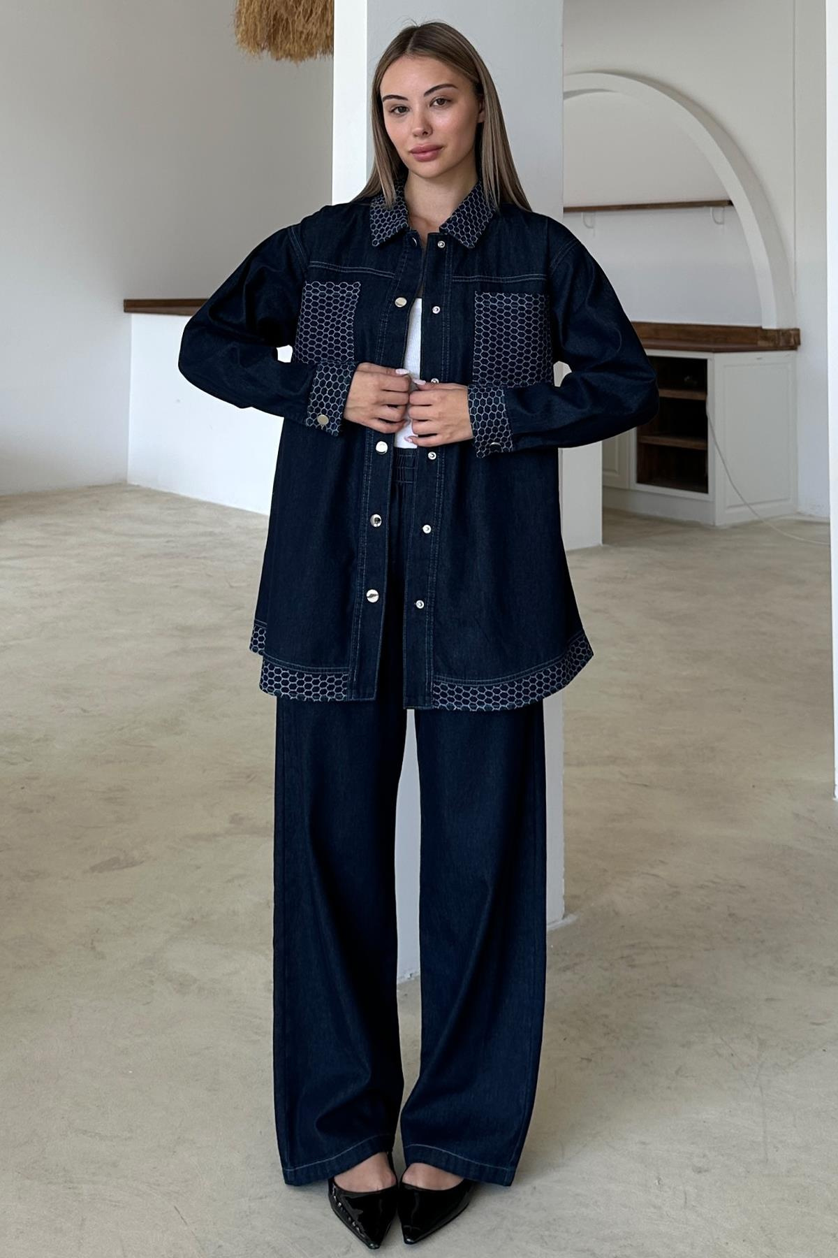 Garni Detaylı Tunik Pantolon Denim Takım KOYU MAVİ 9376-TK