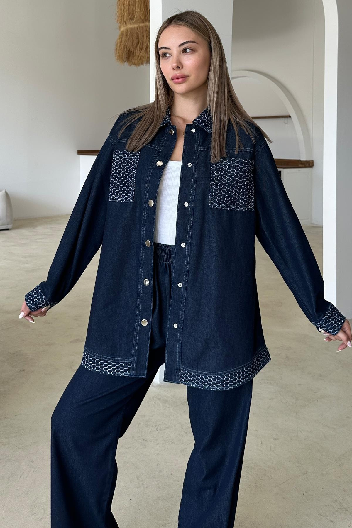 Garni Detaylı Tunik Pantolon Denim Takım KOYU MAVİ 9376-TK
