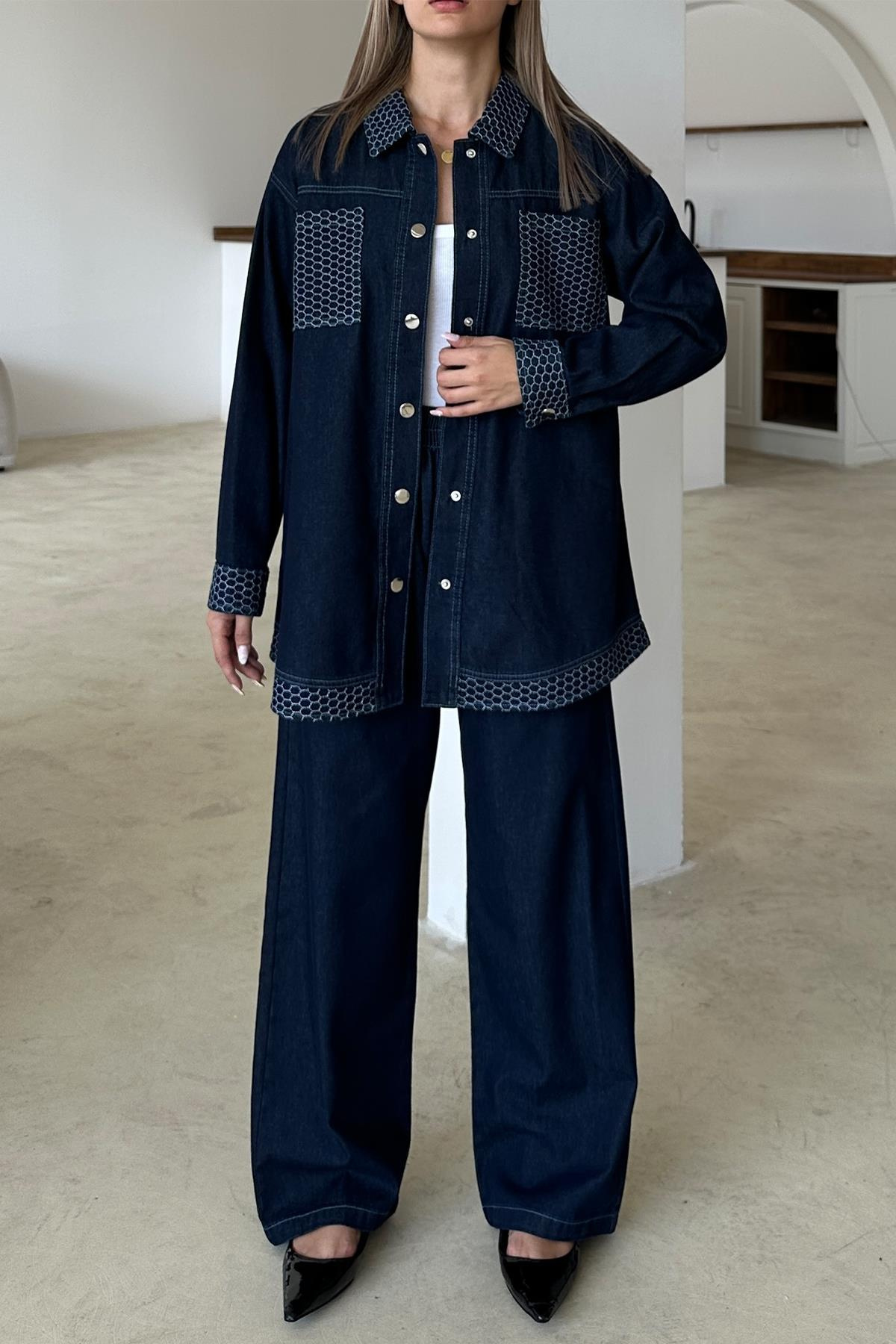 Garni Detaylı Tunik Pantolon Denim Takım KOYU MAVİ 9376-TK