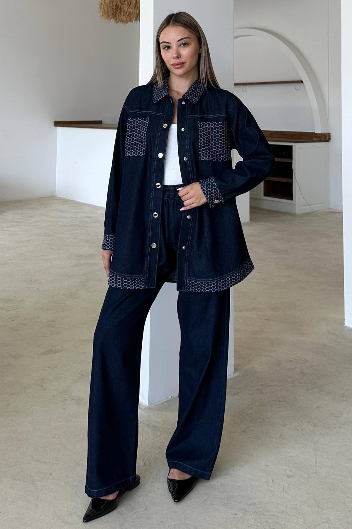 Garni Detaylı Tunik Pantolon Denim Takım KOYU MAVİ 9376-TK