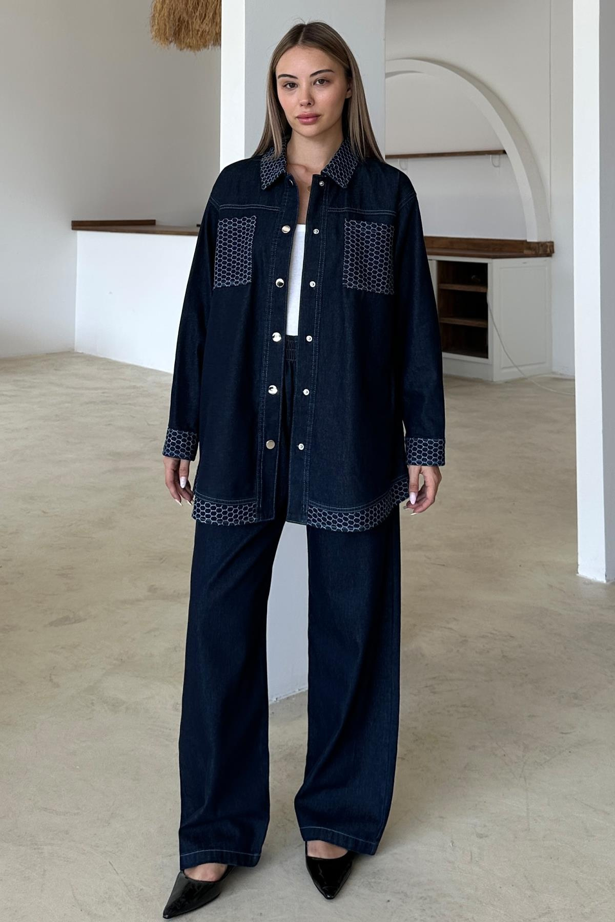 Garni Detaylı Tunik Pantolon Denim Takım KOYU MAVİ 9376-TK