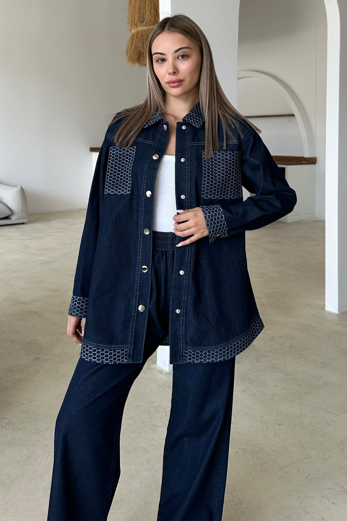 Garni Detaylı Tunik Pantolon Denim Takım KOYU MAVİ 9376-TK