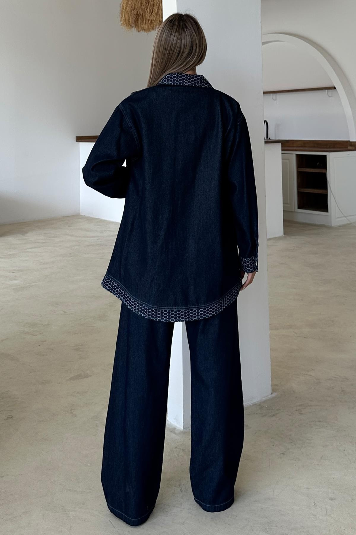 Garni Detaylı Tunik Pantolon Denim Takım KOYU MAVİ 9376-TK