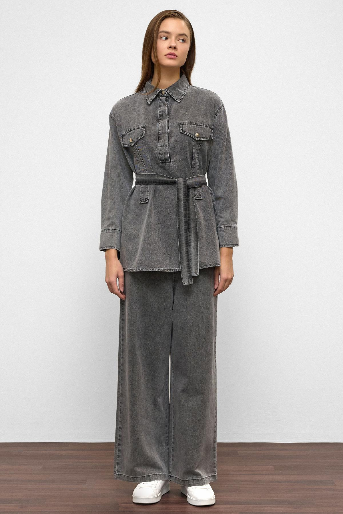 Geniş Paça Pantolon Denim İkili Takım ANTRASİT 9379-TK