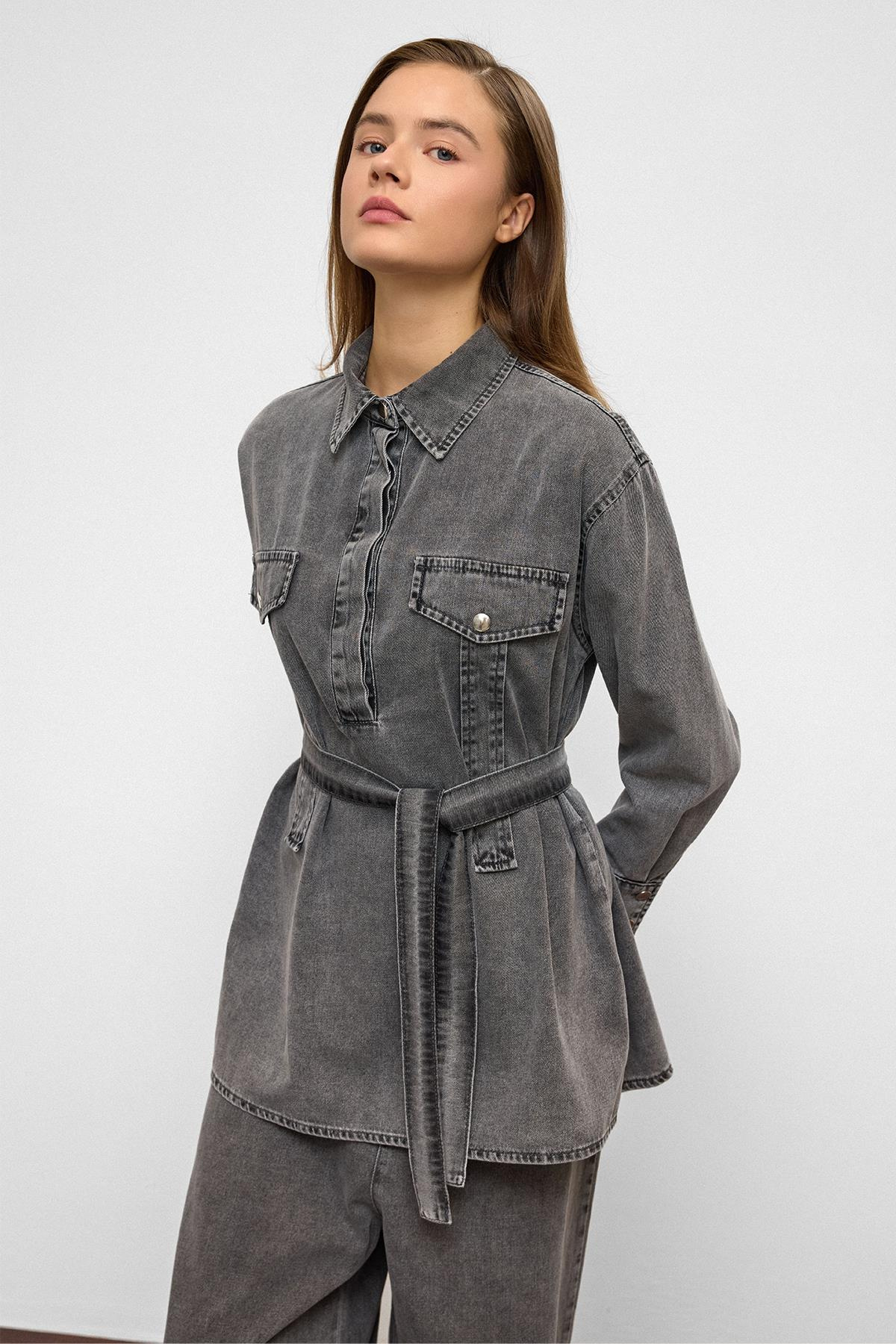 Geniş Paça Pantolon Denim İkili Takım ANTRASİT 9379-TK