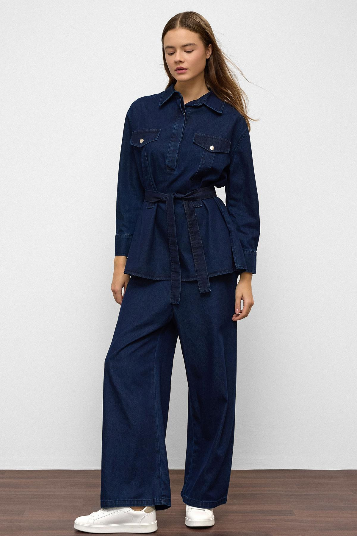 Geniş Paça Pantolon Denim İkili Takım KOYU MAVİ 9379-TK