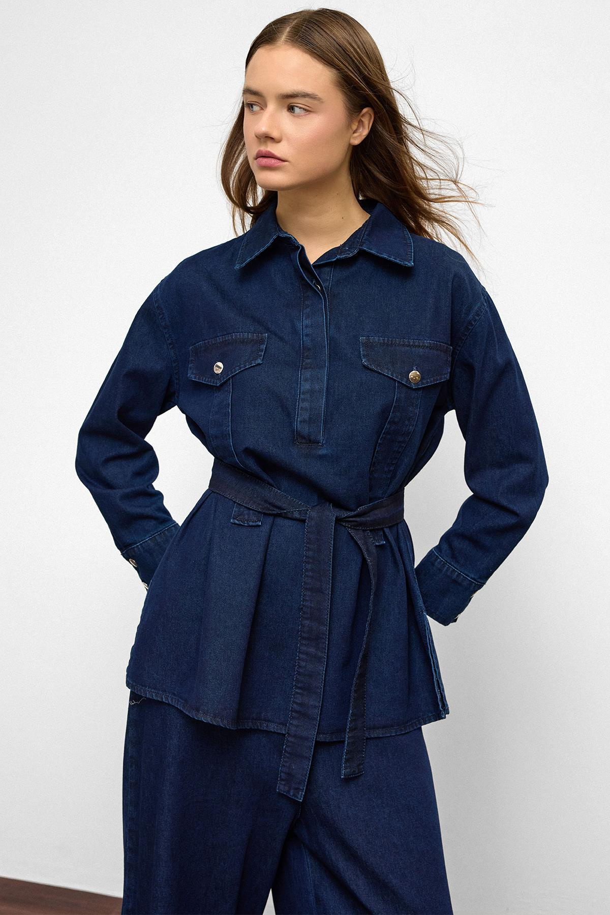 Geniş Paça Pantolon Denim İkili Takım KOYU MAVİ 9379-TK