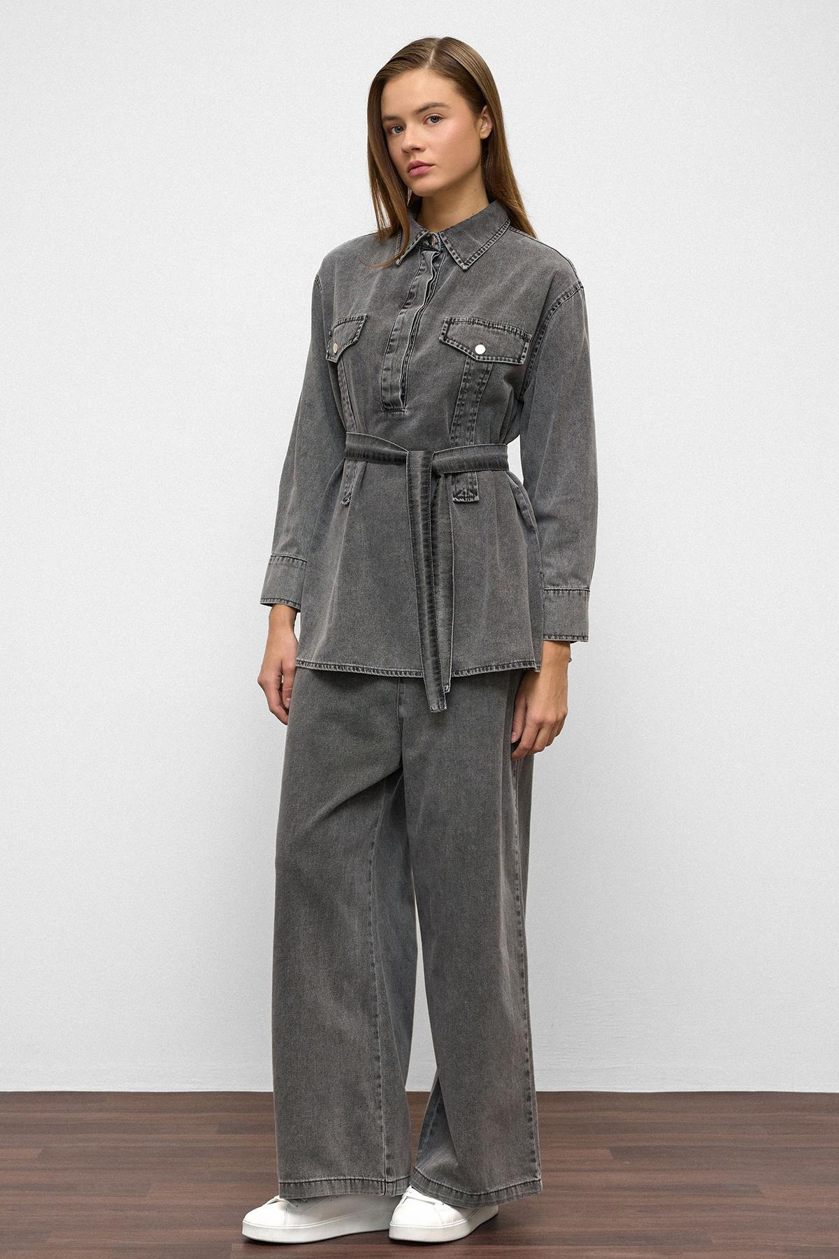 Geniş Paça Pantolon Denim İkili Takım ANTRASİT 9379-TK