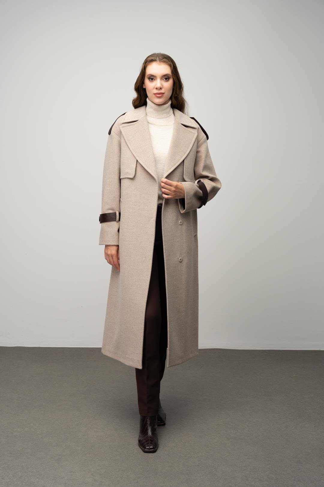 Cashmere Coat with Cape Detail and Genuine Leather Accessories BEIGE 3031-K