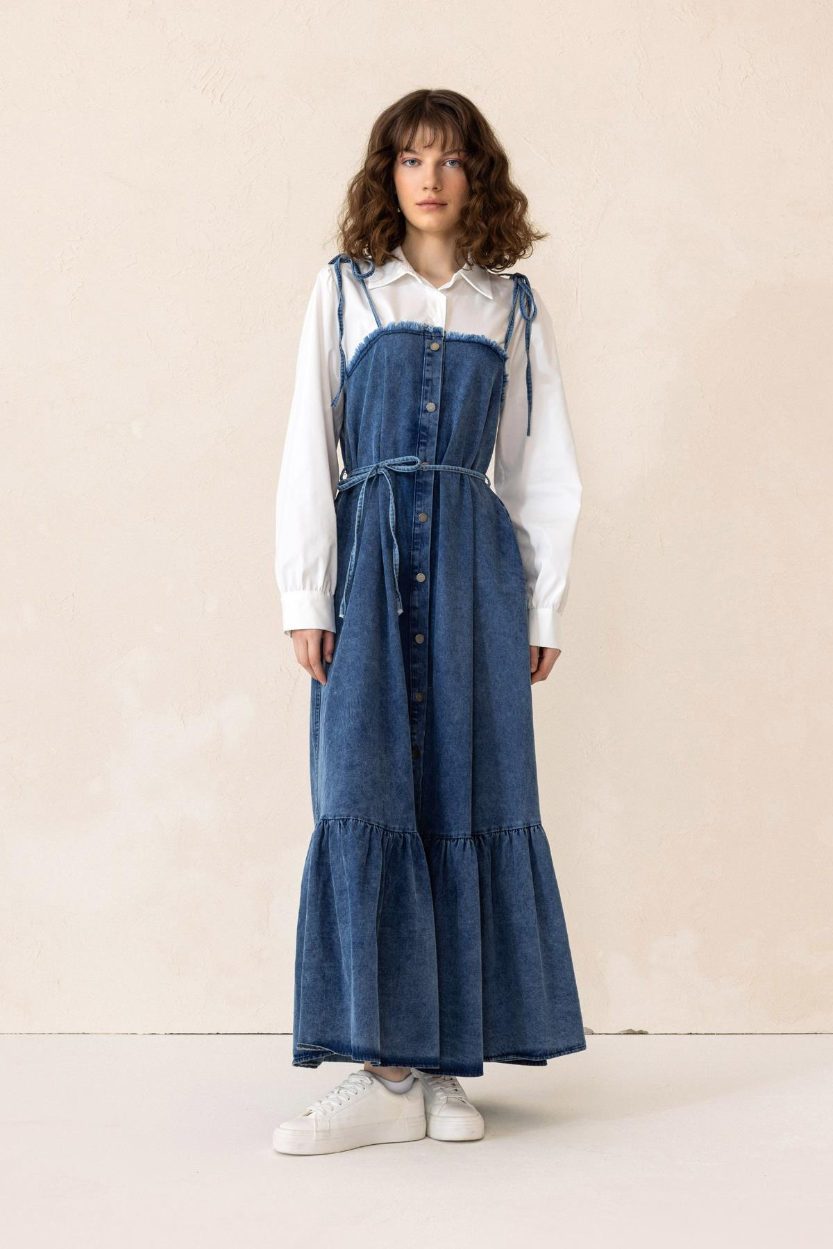 Shirt-Styled Flounced Skirt Denim Dress BLUE 9305-E