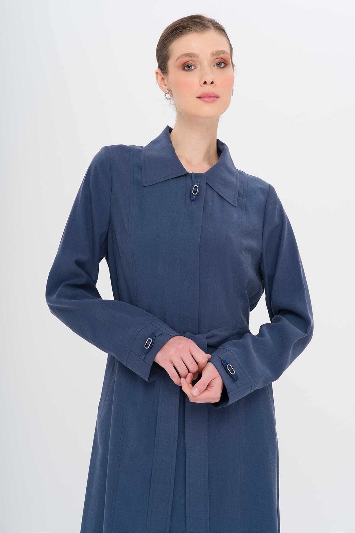 Gömlek Yaka Aksesuar Detaylı Astarsız Modal Büyük Beden Pardesü İNDİGO 6745