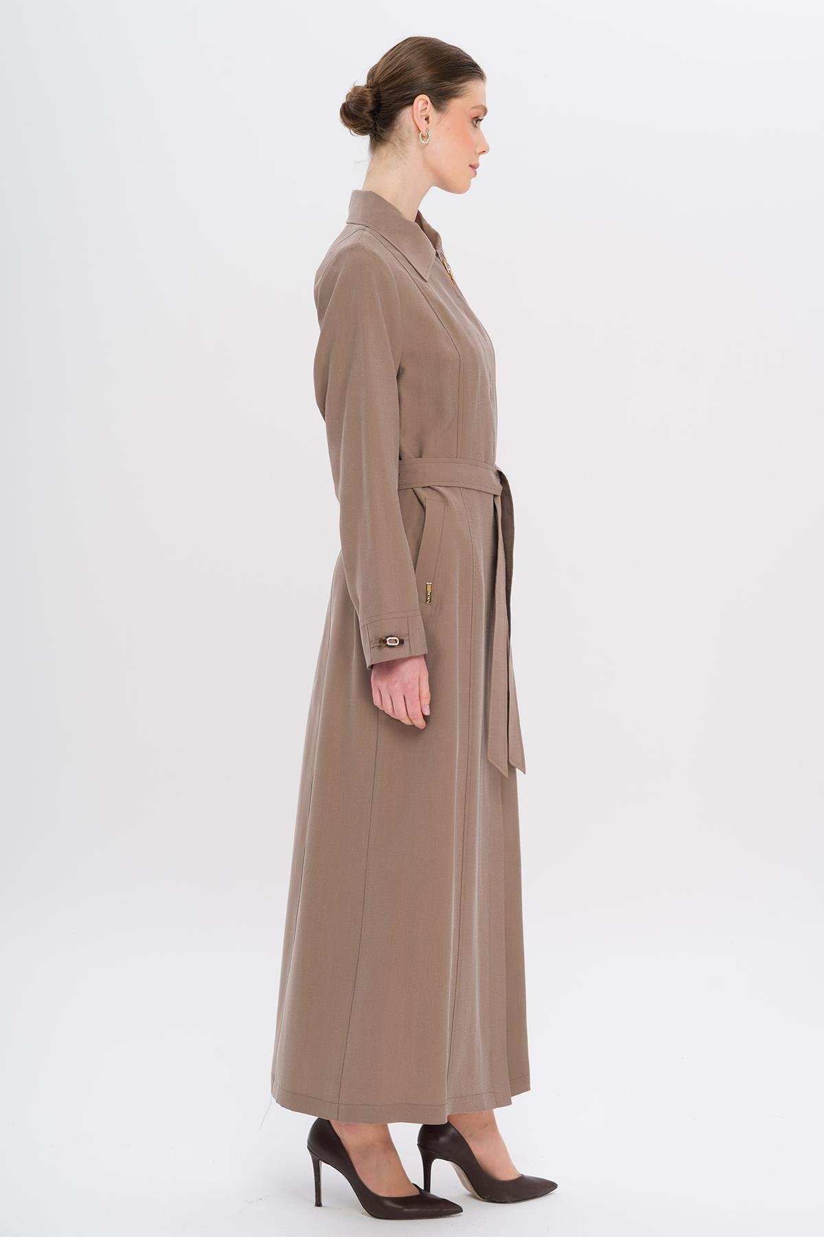 Gömlek Yaka Aksesuar Detaylı Astarsız Modal Büyük Beden Pardesü A.KAHVE 6745