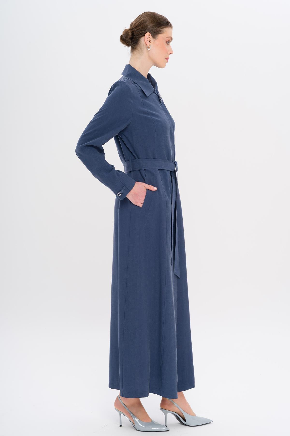 Gömlek Yaka Aksesuar Detaylı Astarsız Modal Büyük Beden Pardesü İNDİGO 6745