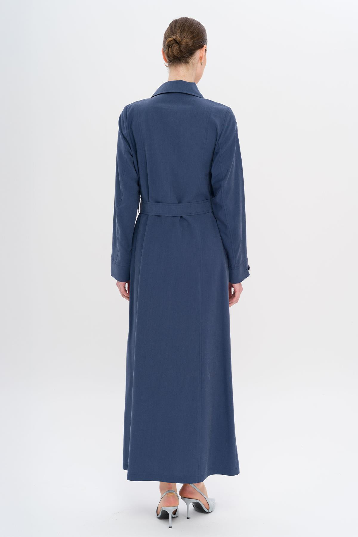 Gömlek Yaka Aksesuar Detaylı Astarsız Modal Büyük Beden Pardesü İNDİGO 6745