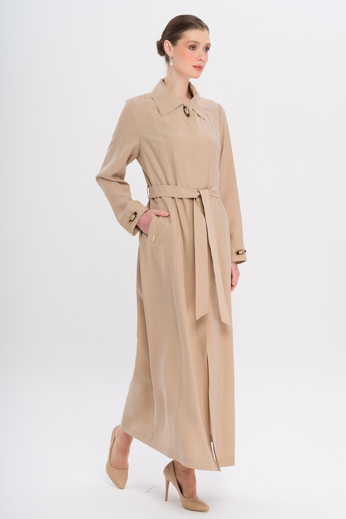 Gömlek Yaka Aksesuar Detaylı Astarsız Modal Büyük Beden Pardesü BEJ 6745