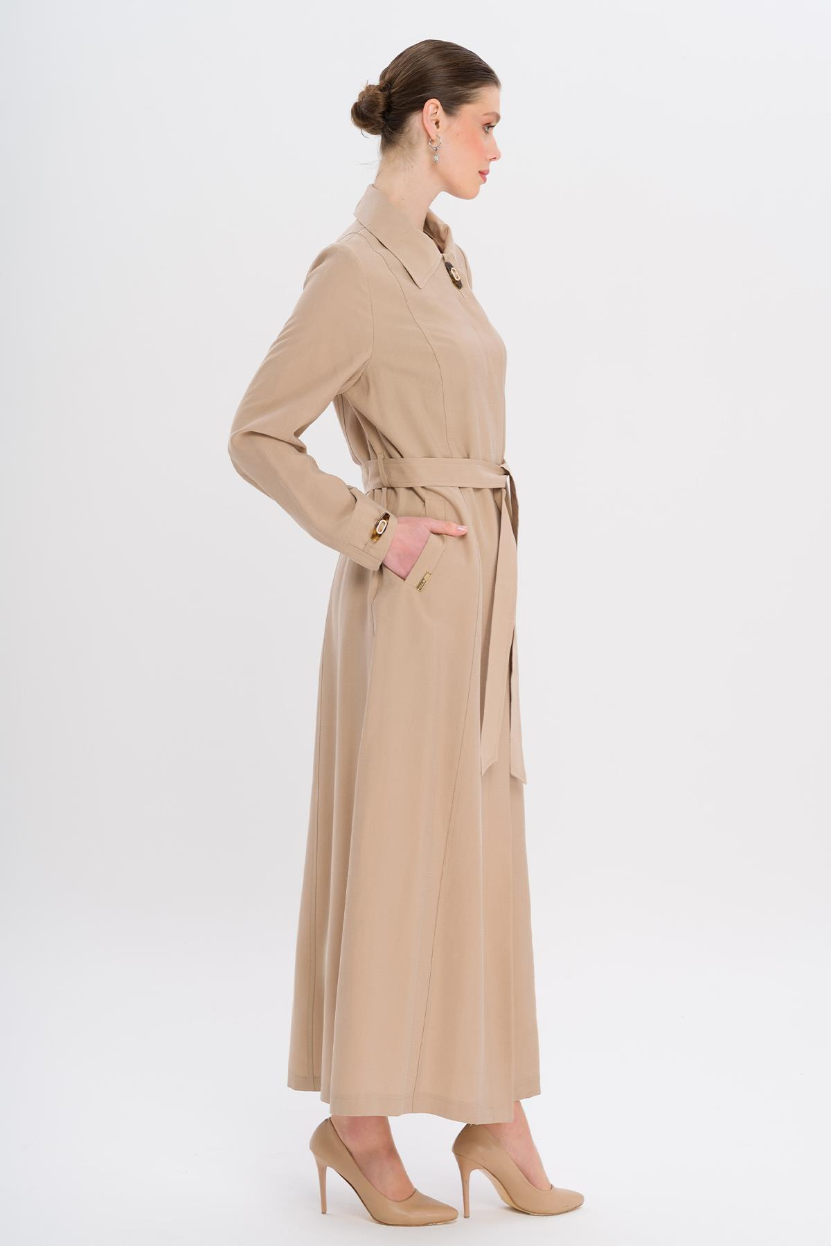 Gömlek Yaka Aksesuar Detaylı Astarsız Modal Büyük Beden Pardesü BEJ 6745