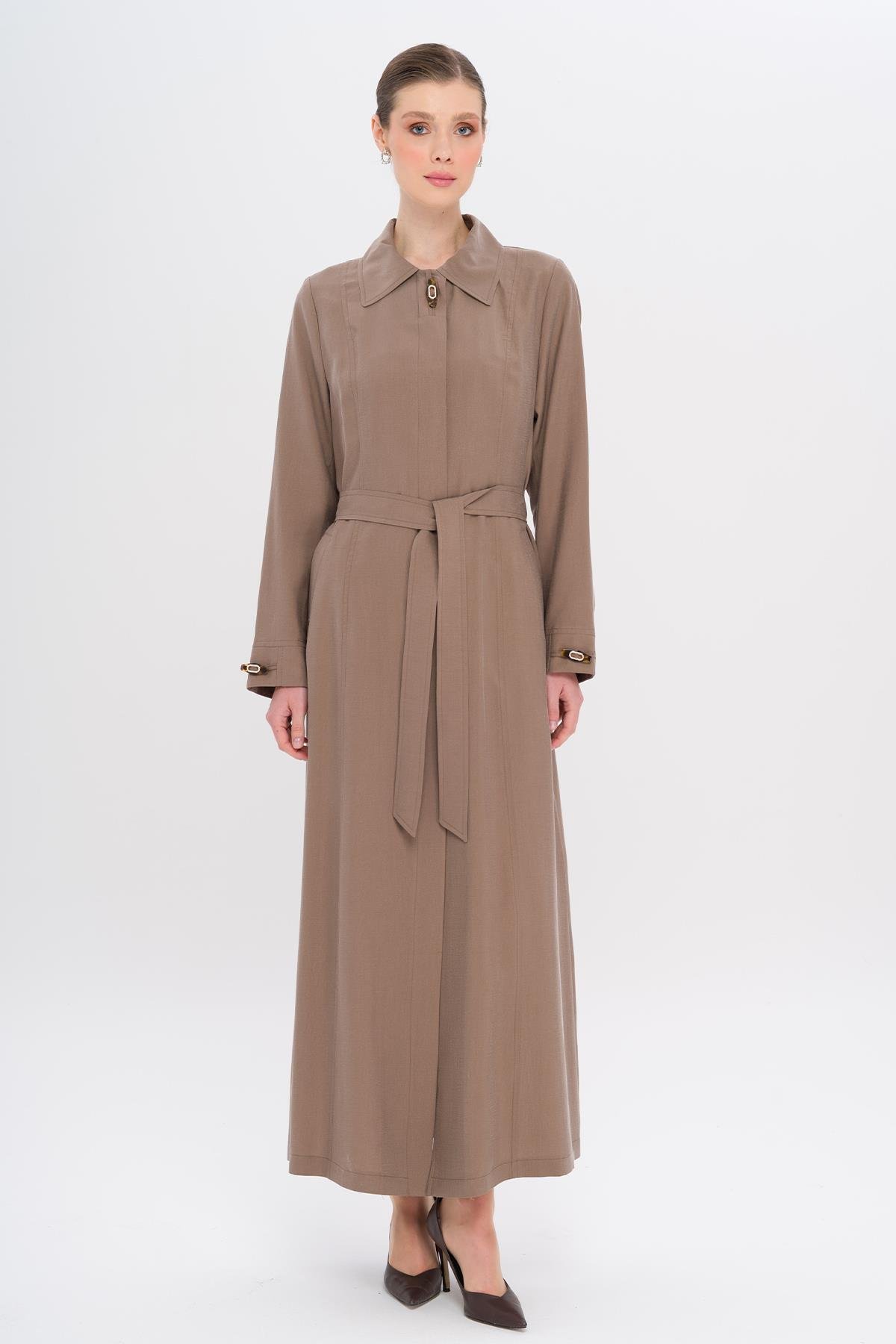 Gömlek Yaka Aksesuar Detaylı Astarsız Modal Büyük Beden Pardesü A.KAHVE 6745