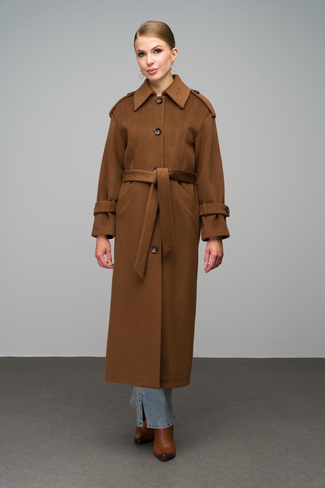 Oversize Long Coat with Shirt Collar and Epaulette Detail TOBACCO 3064