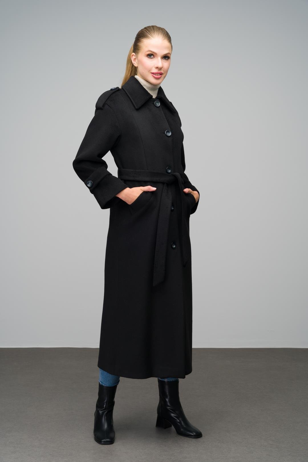 Oversize Long Coat with Shirt Collar and Epaulette Detail BLACK 3064