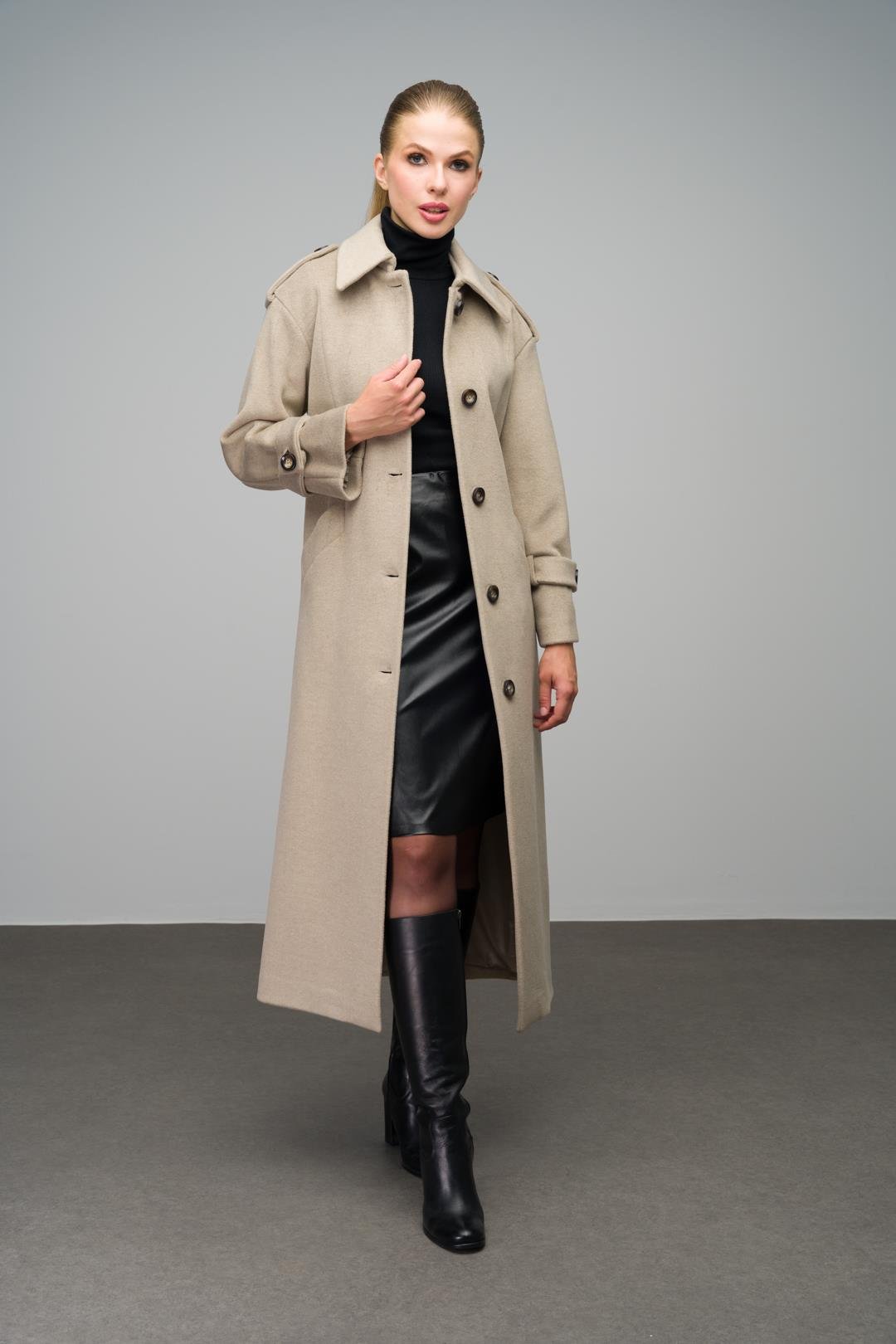Oversize Long Coat with Shirt Collar and Epaulette Detail STONE 3064