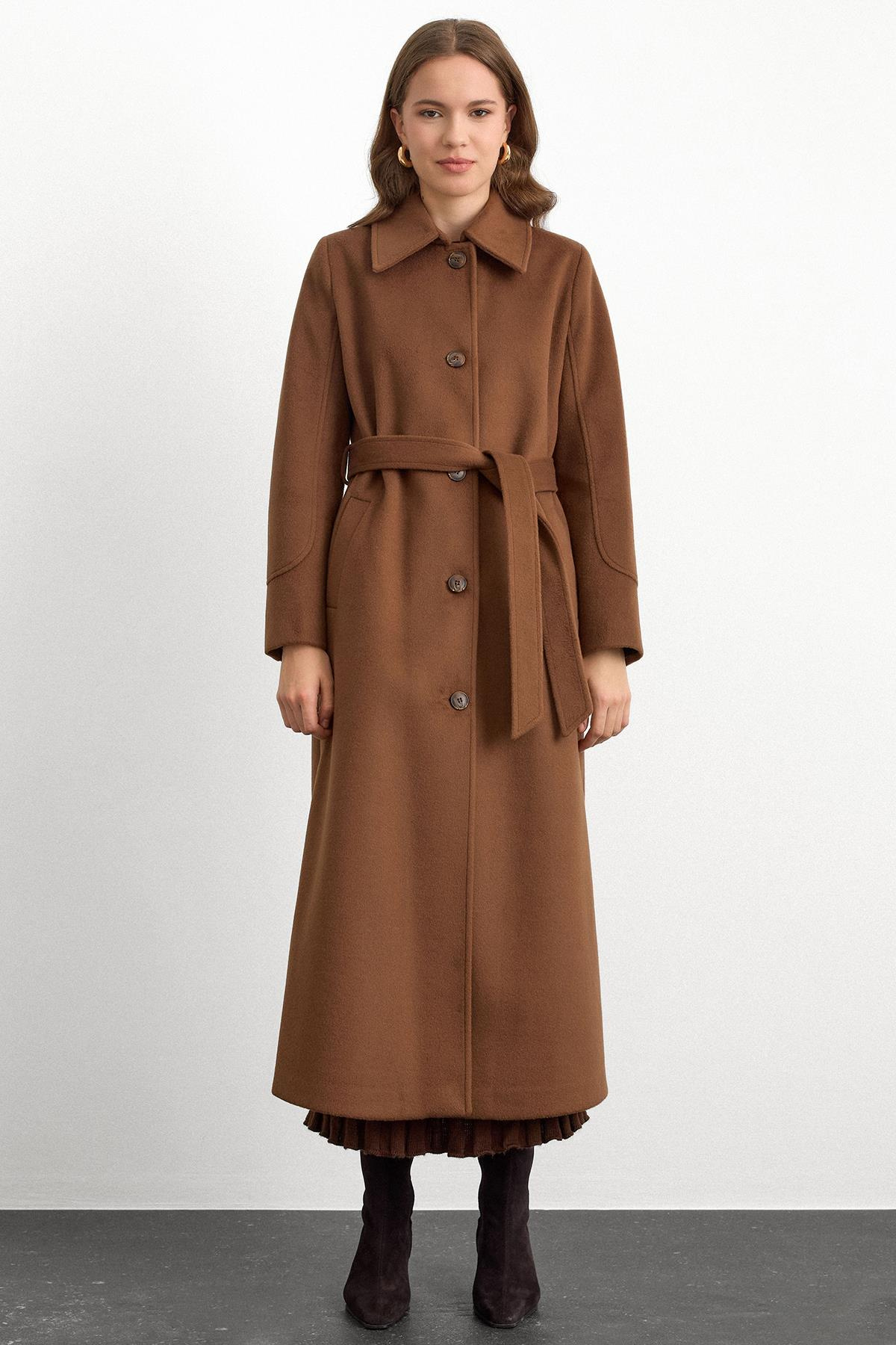 Gömlek Yaka Belden Bağlamalı Uzun Kaban TÜTÜN 3152