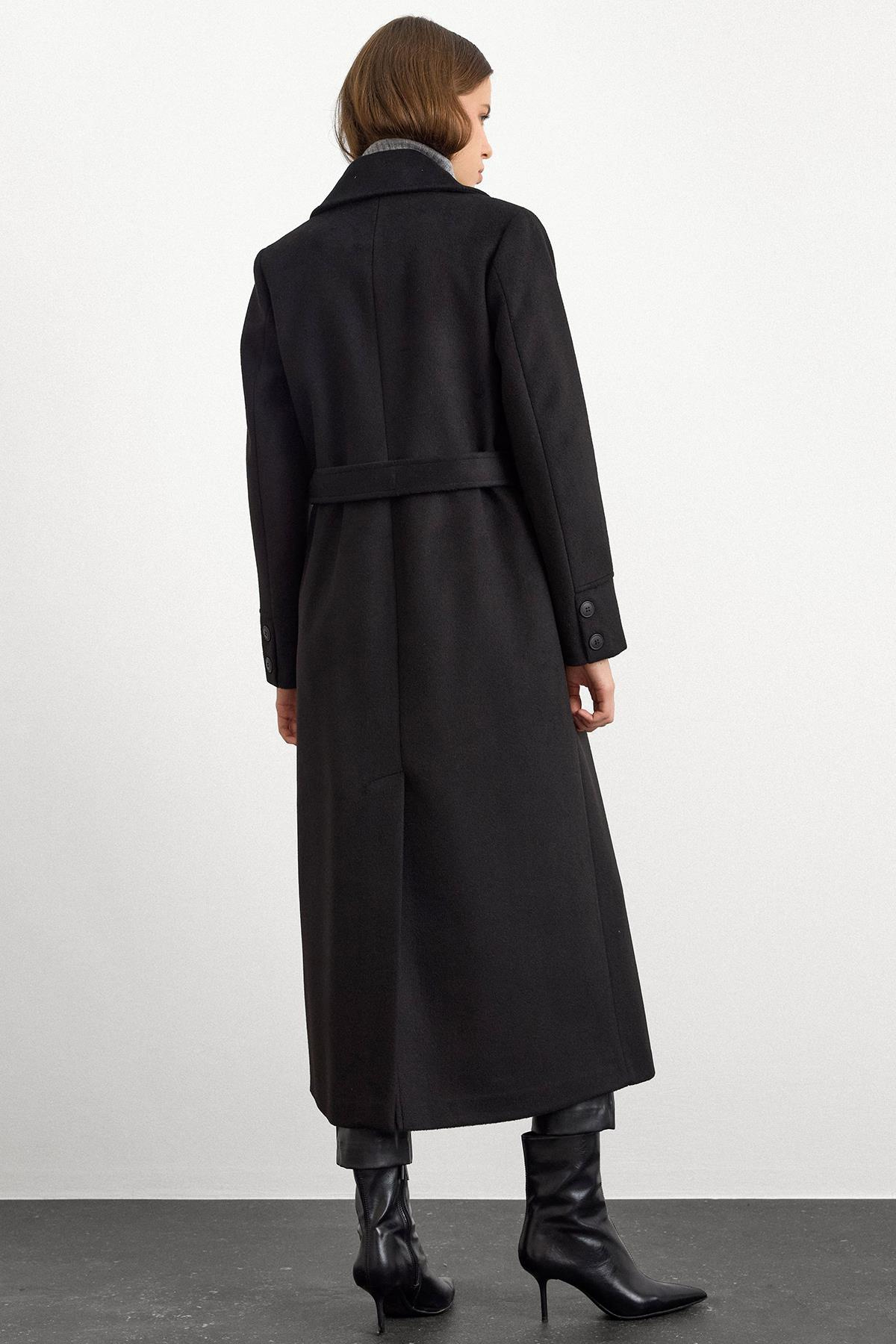 Gömlek Yaka Belden Bağlamalı Uzun Kaban SİYAH 3152