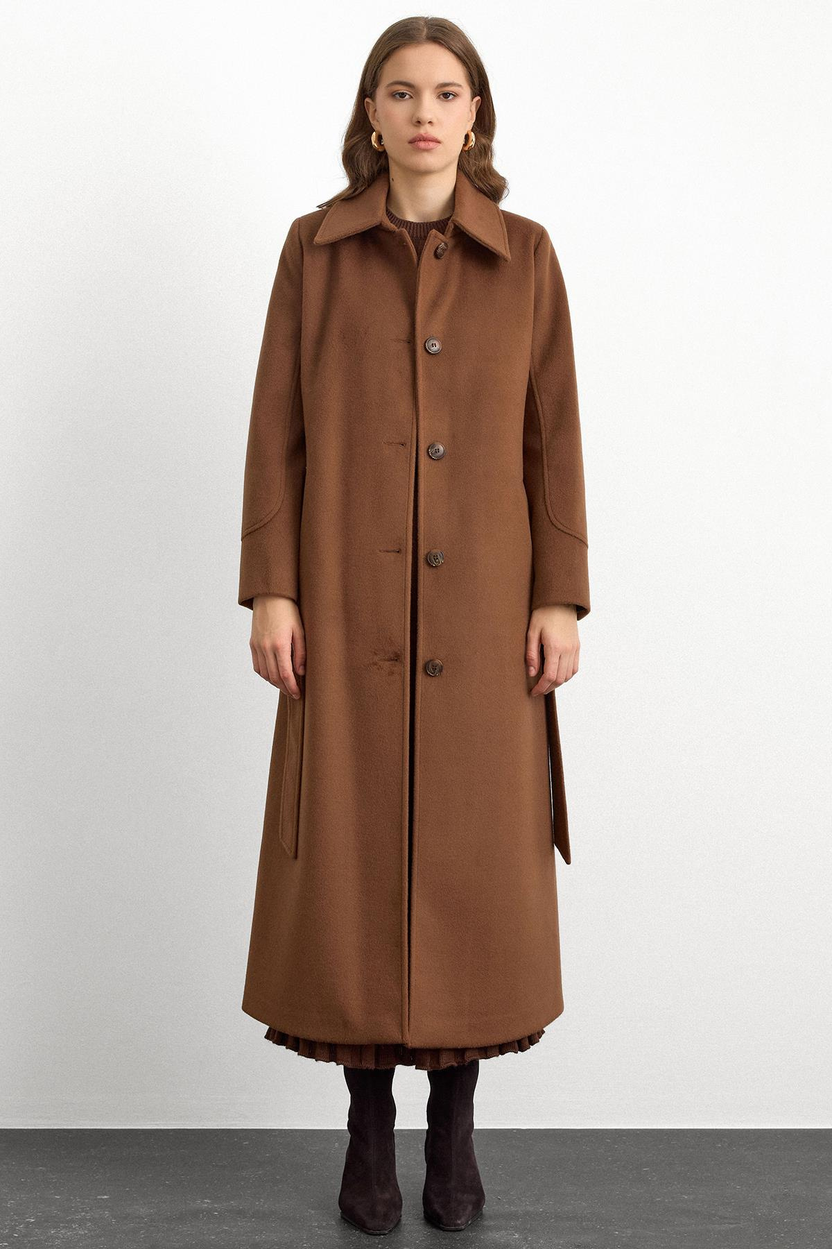 Gömlek Yaka Belden Bağlamalı Uzun Kaban TÜTÜN 3152