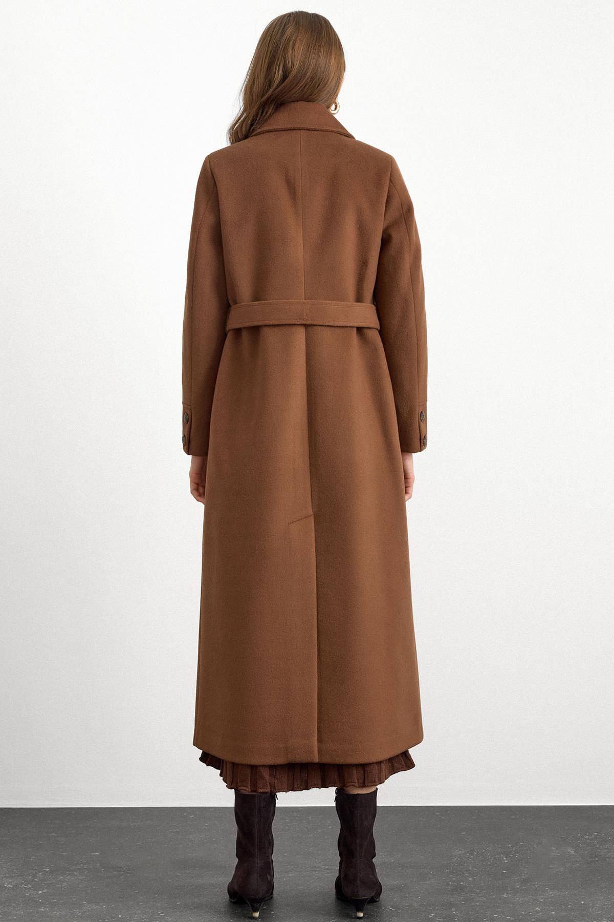 Gömlek Yaka Belden Bağlamalı Uzun Kaban TÜTÜN 3152