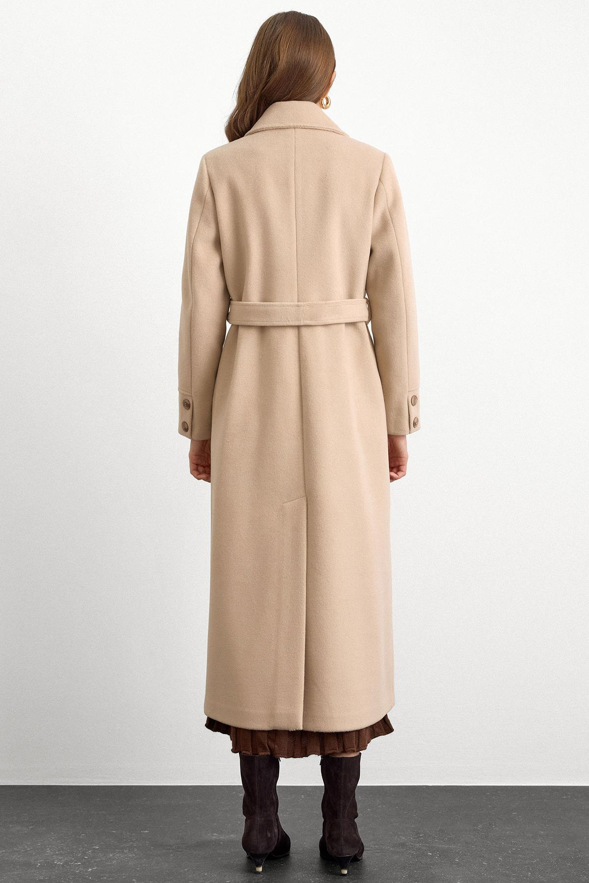 Gömlek Yaka Belden Bağlamalı Uzun Kaban BEJ 3152