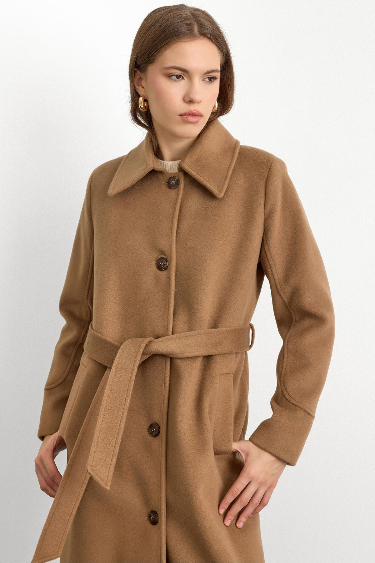 Gömlek Yaka Belden Bağlamalı Uzun Kaban K. KAMEL 3152