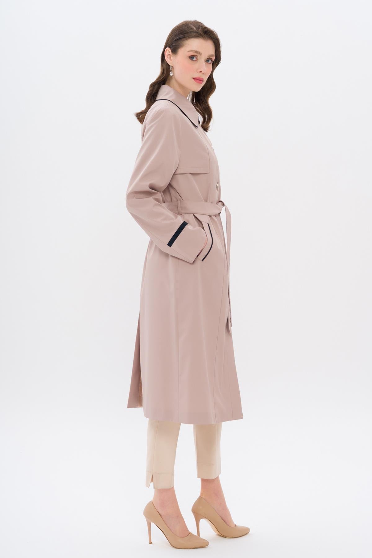 Gömlek Yaka Biye ve Pelerin Detaylı Büyük Beden Trençkot A.KAMEL 4301